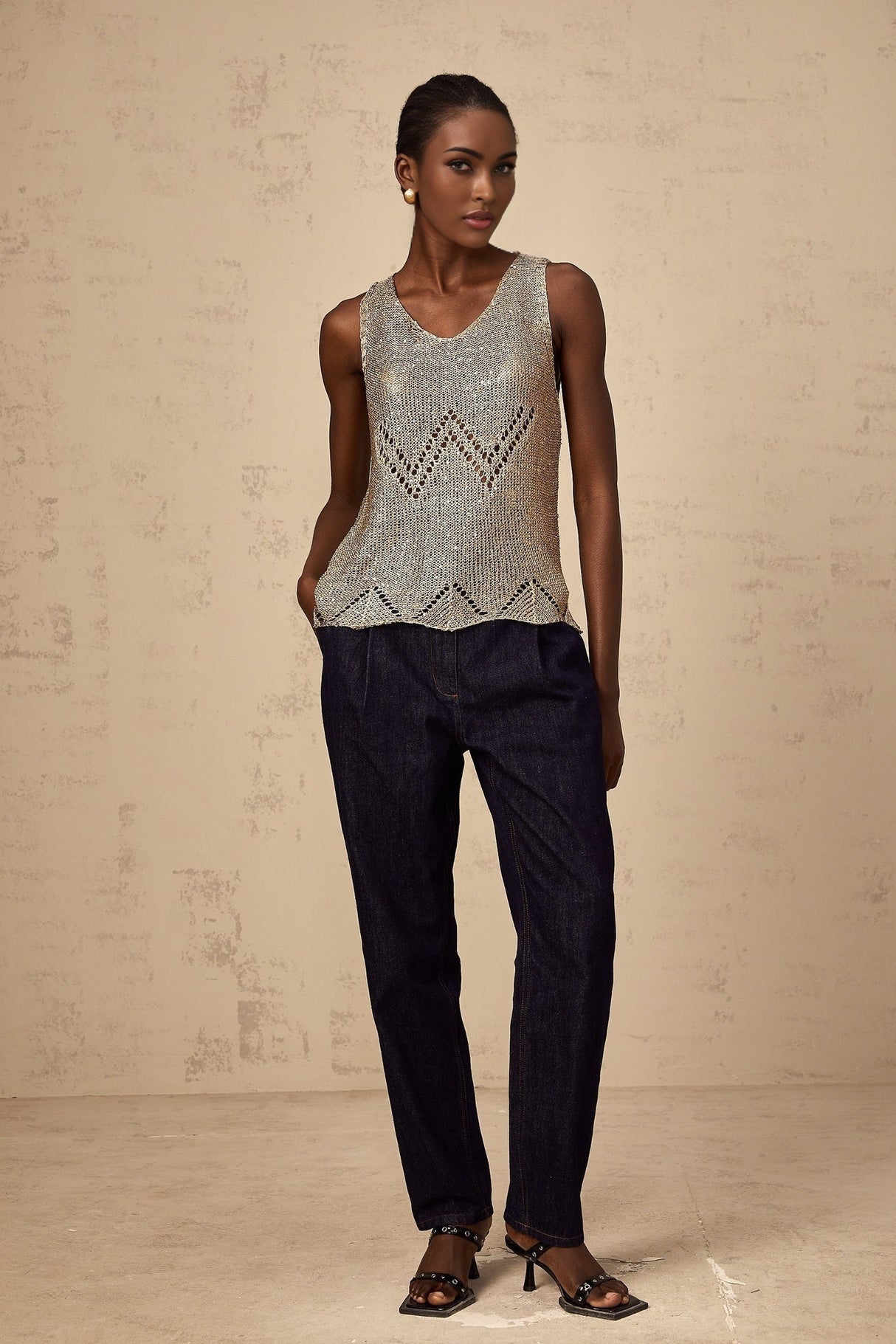 Clara Vest Top - Crochet Knit - V - Neck - Sequin Embellishment - Scallop Hem