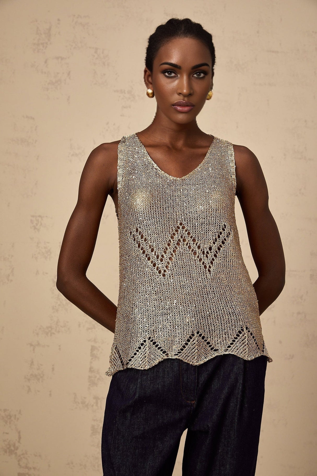 Clara Vest Top - Crochet Knit - V - Neck - Sequin Embellishment - Scallop Hem