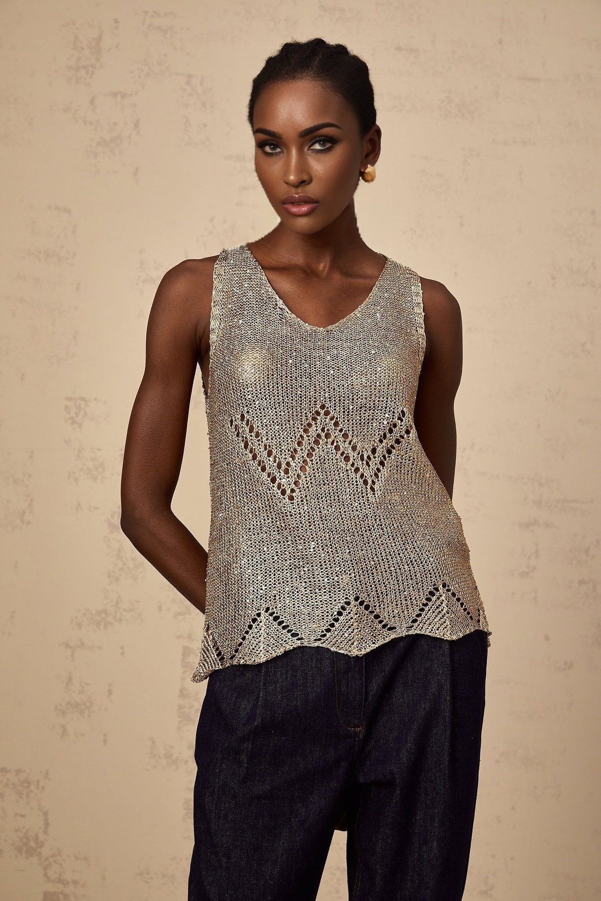 Clara Vest Top - Crochet Knit - V - Neck - Sequin Embellishment - Scallop Hem