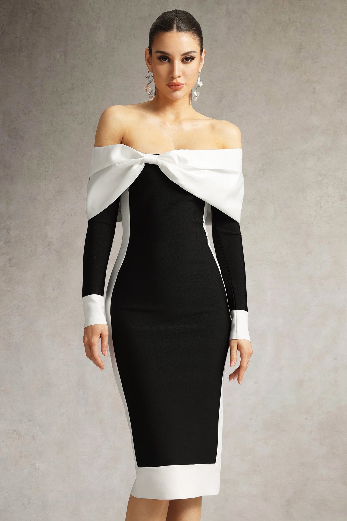 Clarissa Black Off-Shoulder Bow Detail Midi Dress