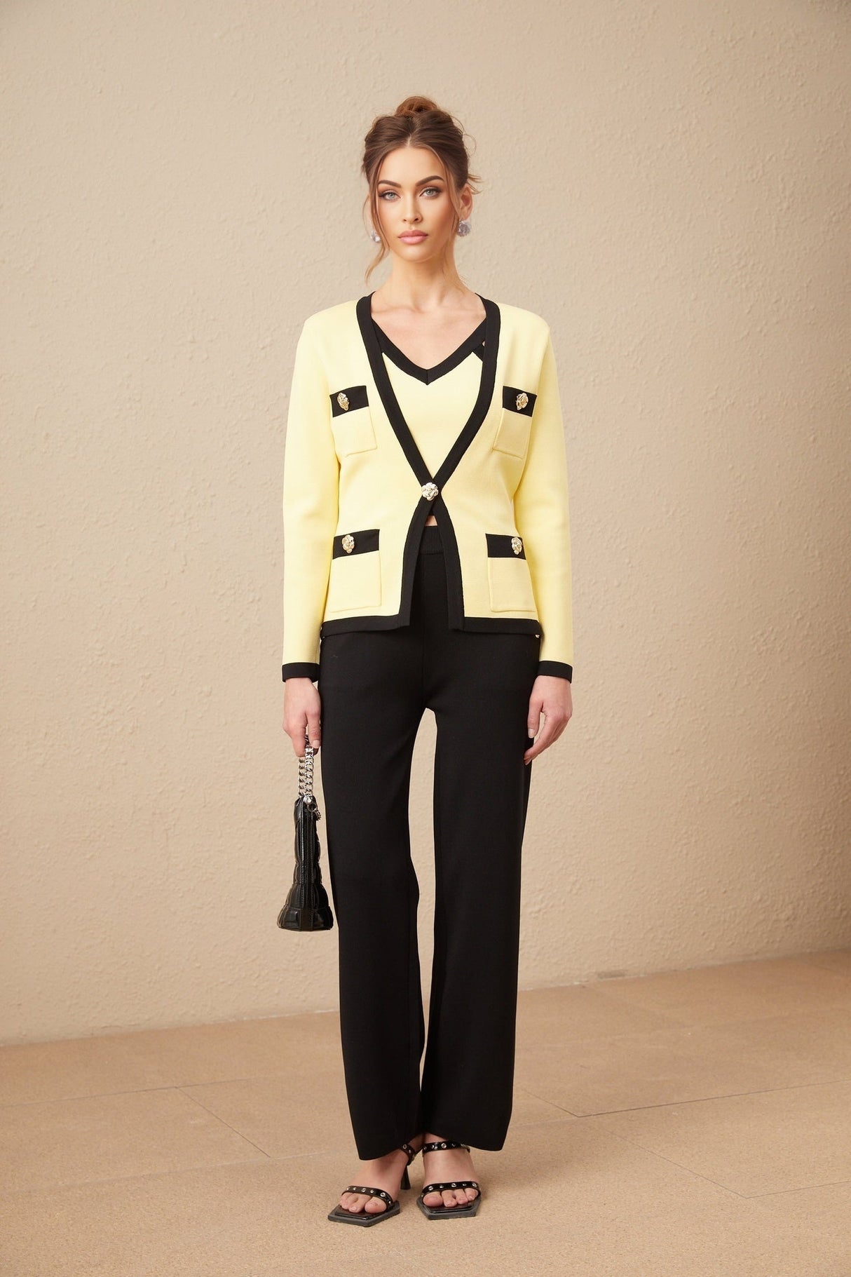 Clarissa Cardigan Vest & Trousers - Knitted V - Neck Set - Floral Color Block Design - Patch Pockets & Wide Straps