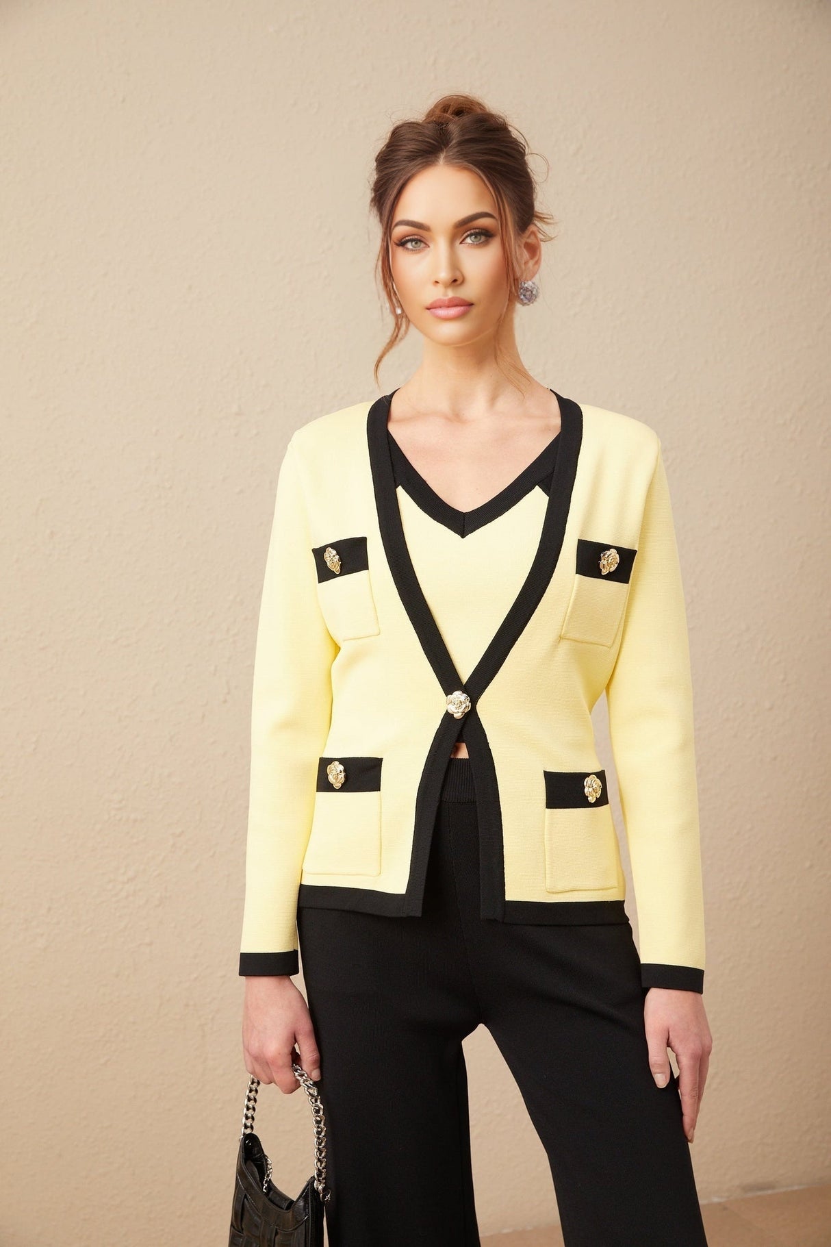 Clarissa Cardigan Vest & Trousers - Knitted V - Neck Set - Floral Color Block Design - Patch Pockets & Wide Straps