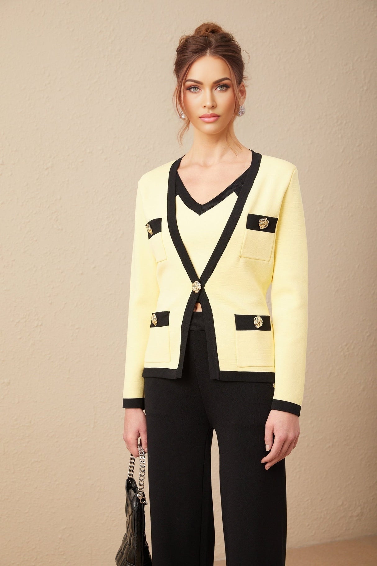 Clarissa Cardigan Vest & Trousers - Knitted V - Neck Set - Floral Color Block Design - Patch Pockets & Wide Straps