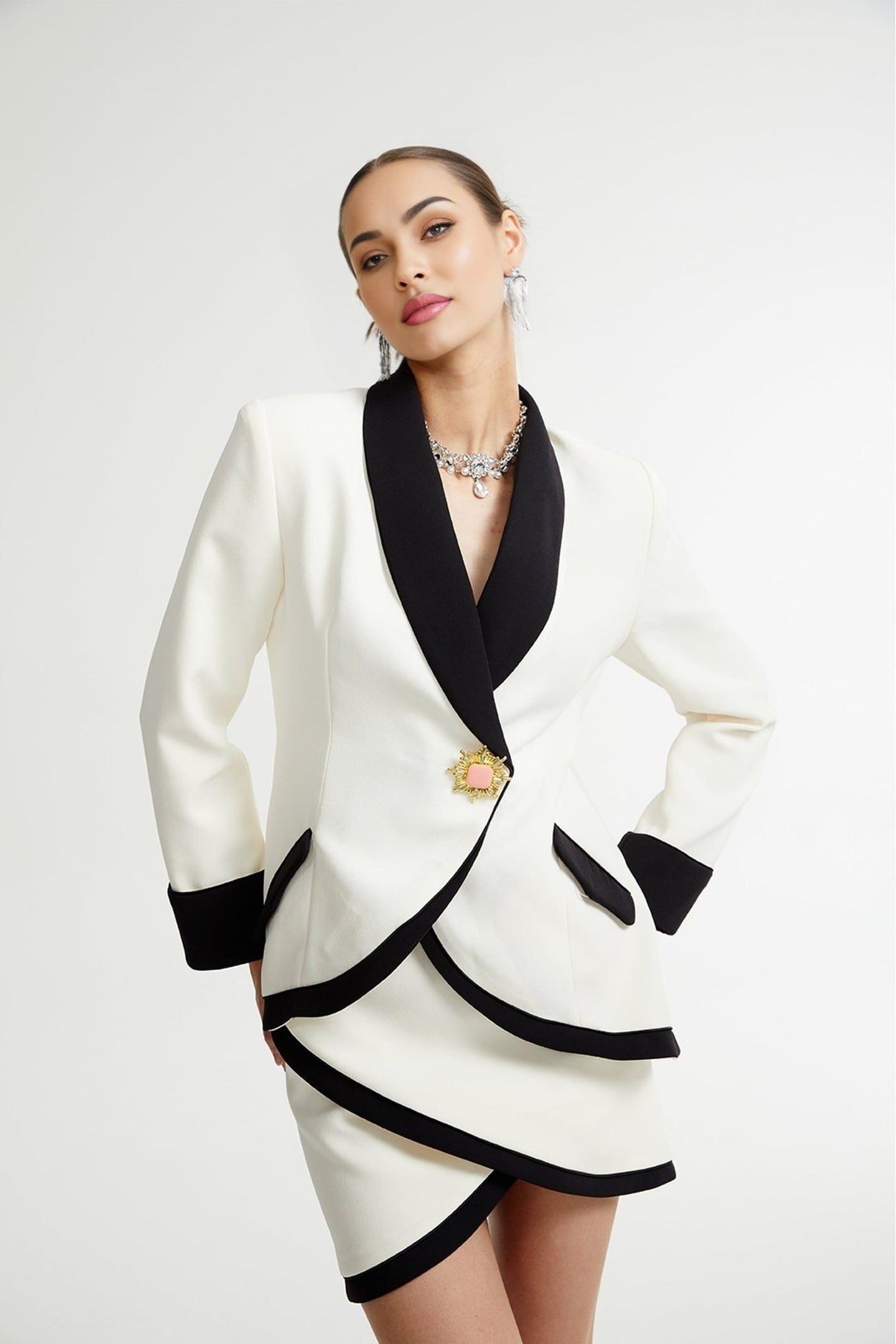 Clarissa Jacket & Skirt - Tonal Lapels - Contrast Colors - Panelled Design - Front Button Detailing