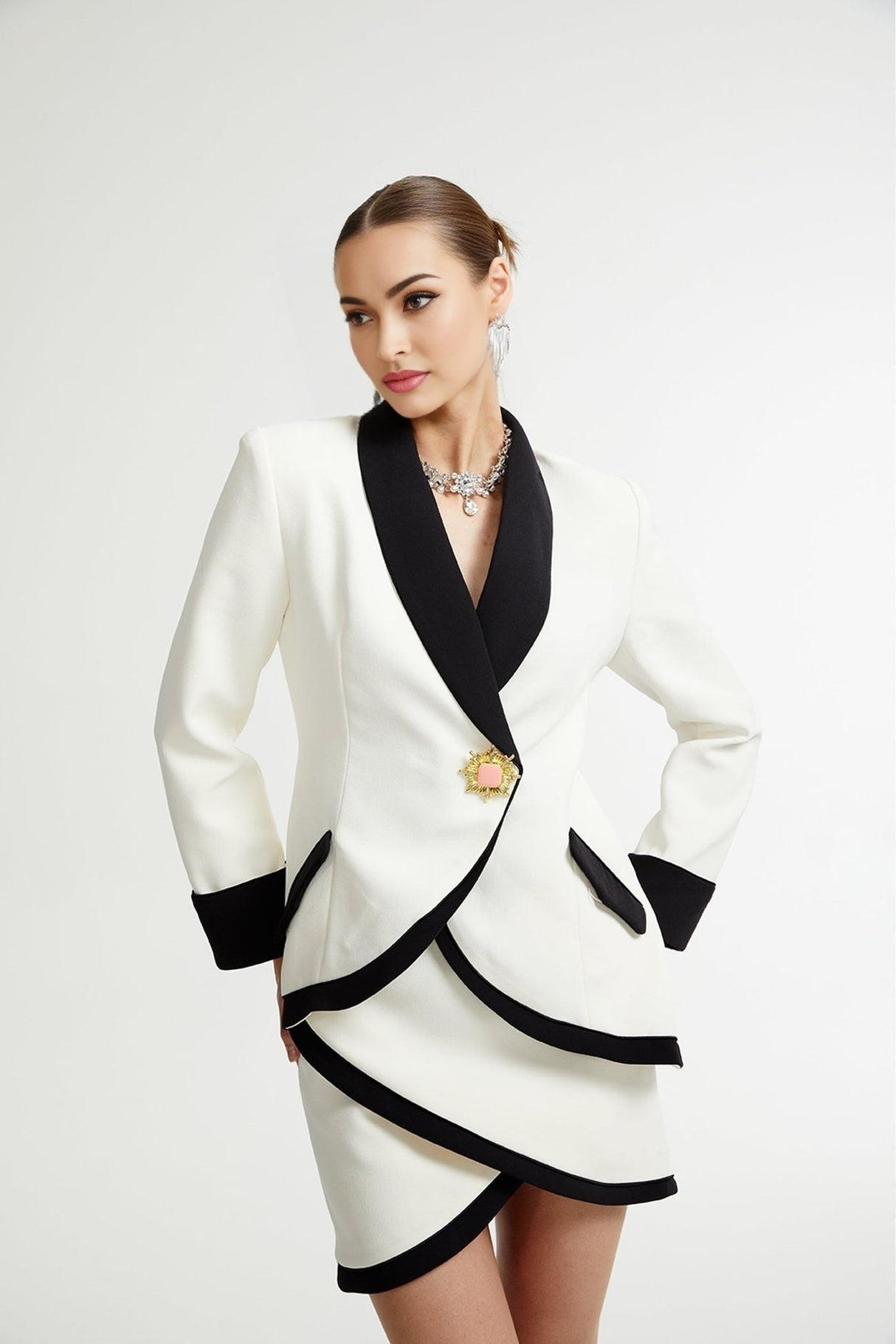 Clarissa Jacket & Skirt - Tonal Lapels - Contrast Colors - Panelled Design - Front Button Detailing