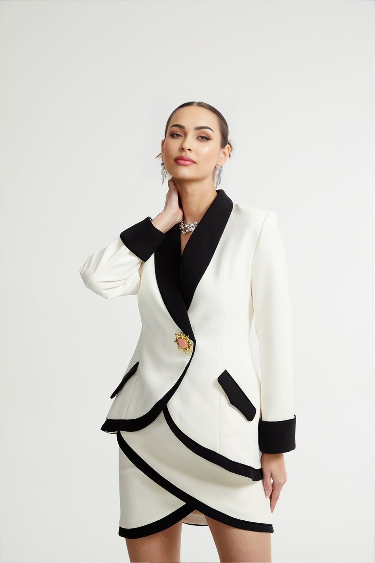Clarissa Jacket & Skirt - Tonal Lapels - Contrast Colors - Panelled Design - Front Button Detailing