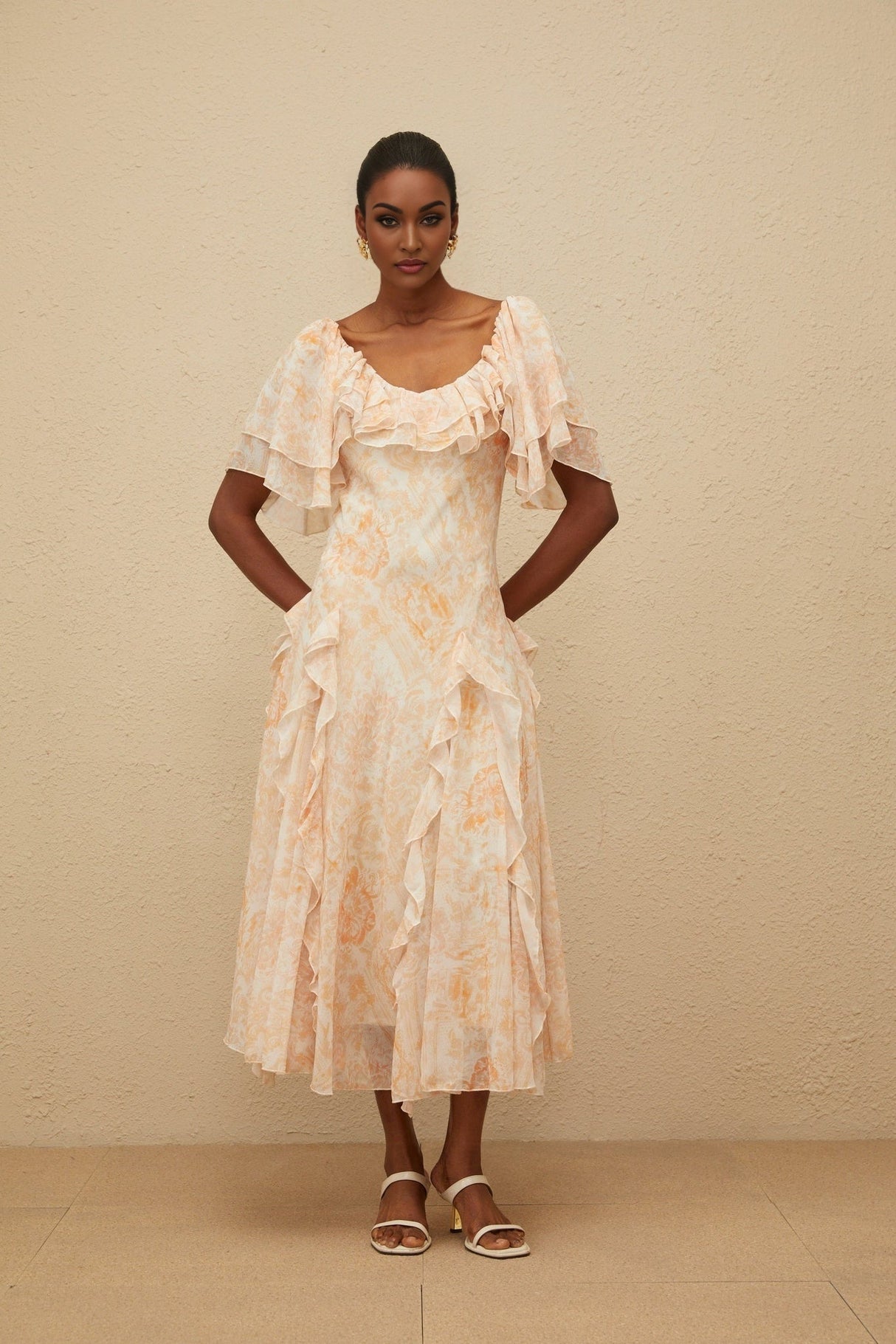 Clarissa Midi Dress - Floral Print - Ruffled Detailing - Flared Skirt - Scoop Neck - Shirred Effect