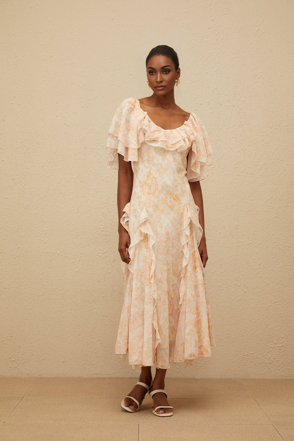 Clarissa Midi Dress - Floral Print - Ruffled Detailing - Flared Skirt - Scoop Neck - Shirred Effect