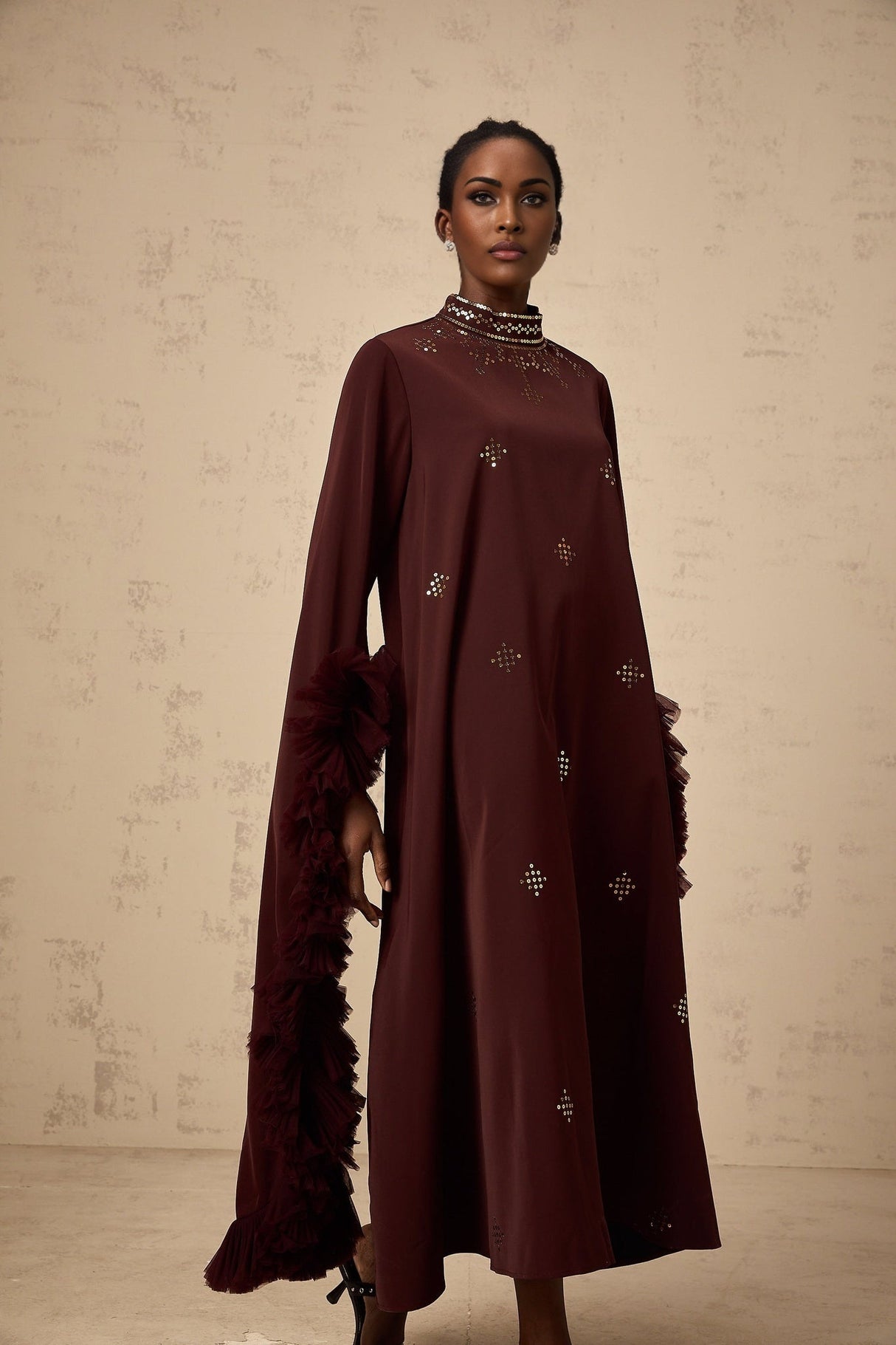 Clarissa Midi Dress - Mock Neck - Flared Sleeves - Ruffled Detailing - Sequin Embellishment - Tulle Panelled