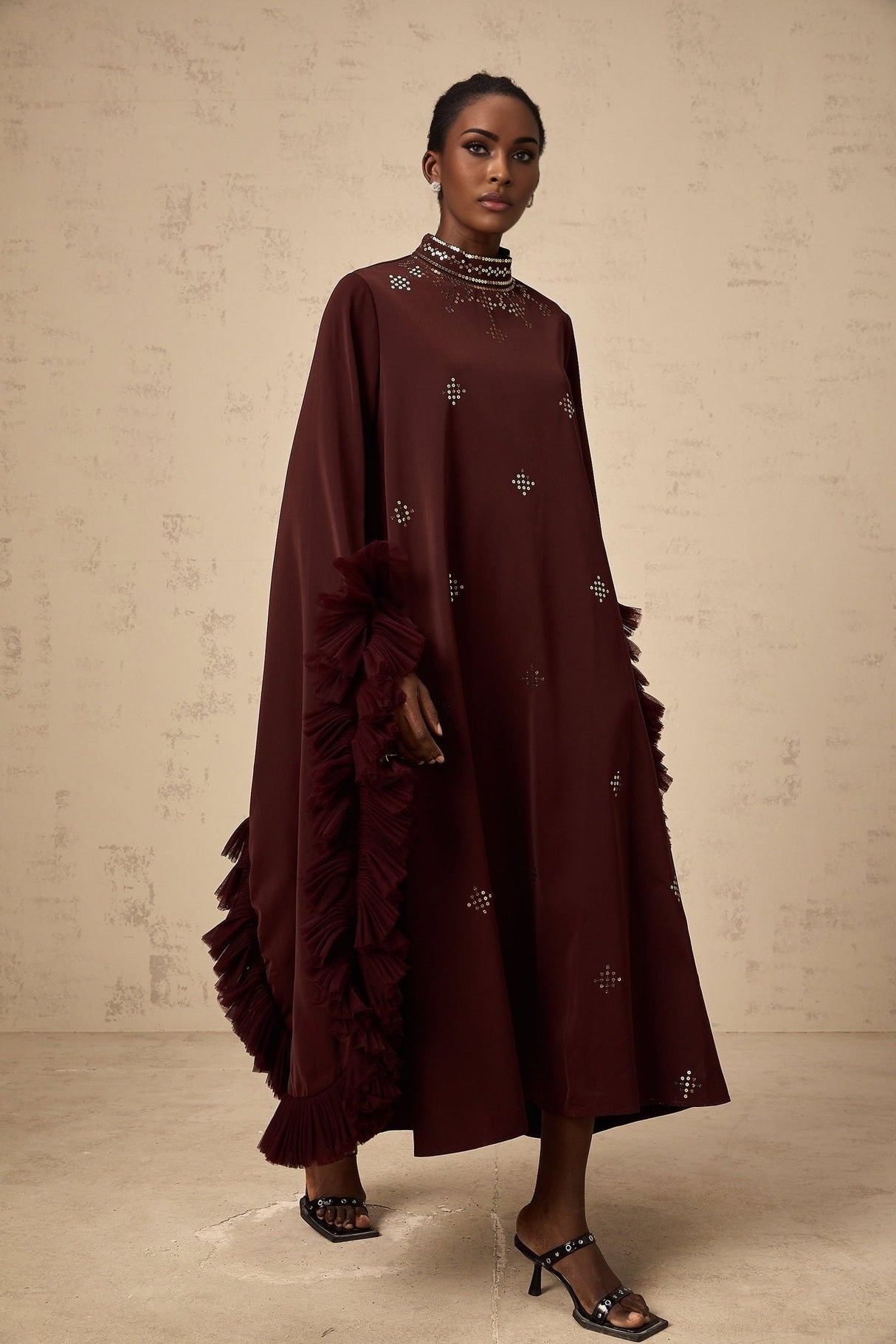 Clarissa Midi Dress - Mock Neck - Flared Sleeves - Ruffled Detailing - Sequin Embellishment - Tulle Panelled
