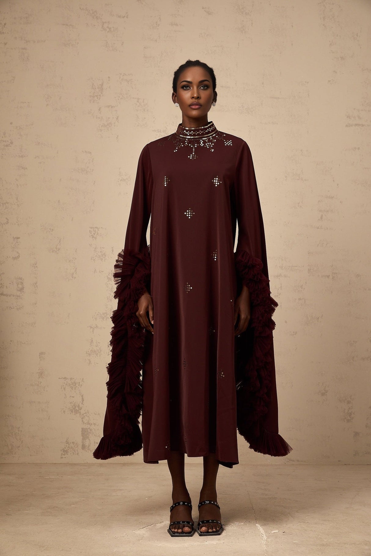 Clarissa Midi Dress - Mock Neck - Flared Sleeves - Ruffled Detailing - Sequin Embellishment - Tulle Panelled