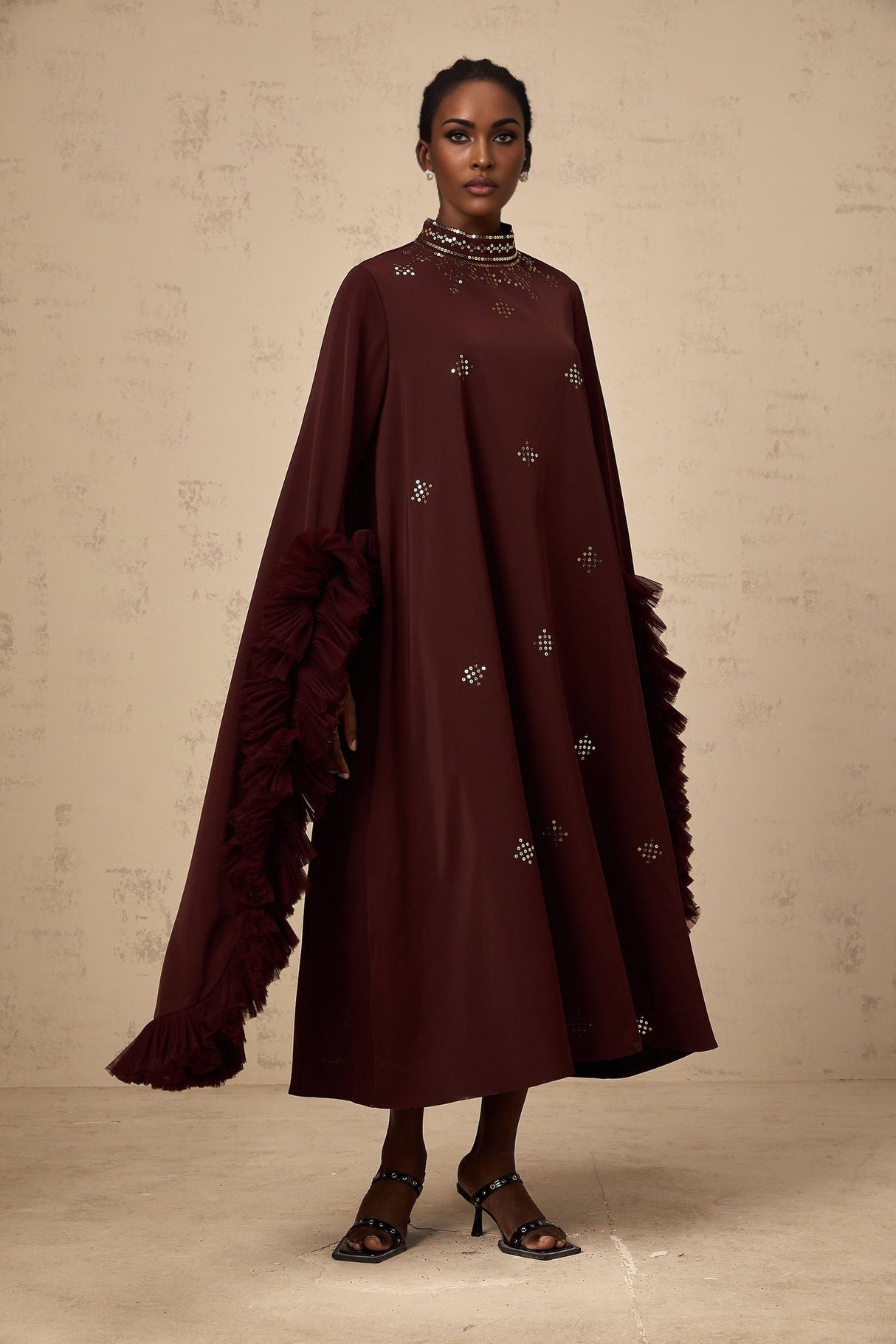 Clarissa Midi Dress - Mock Neck - Flared Sleeves - Ruffled Detailing - Sequin Embellishment - Tulle Panelled