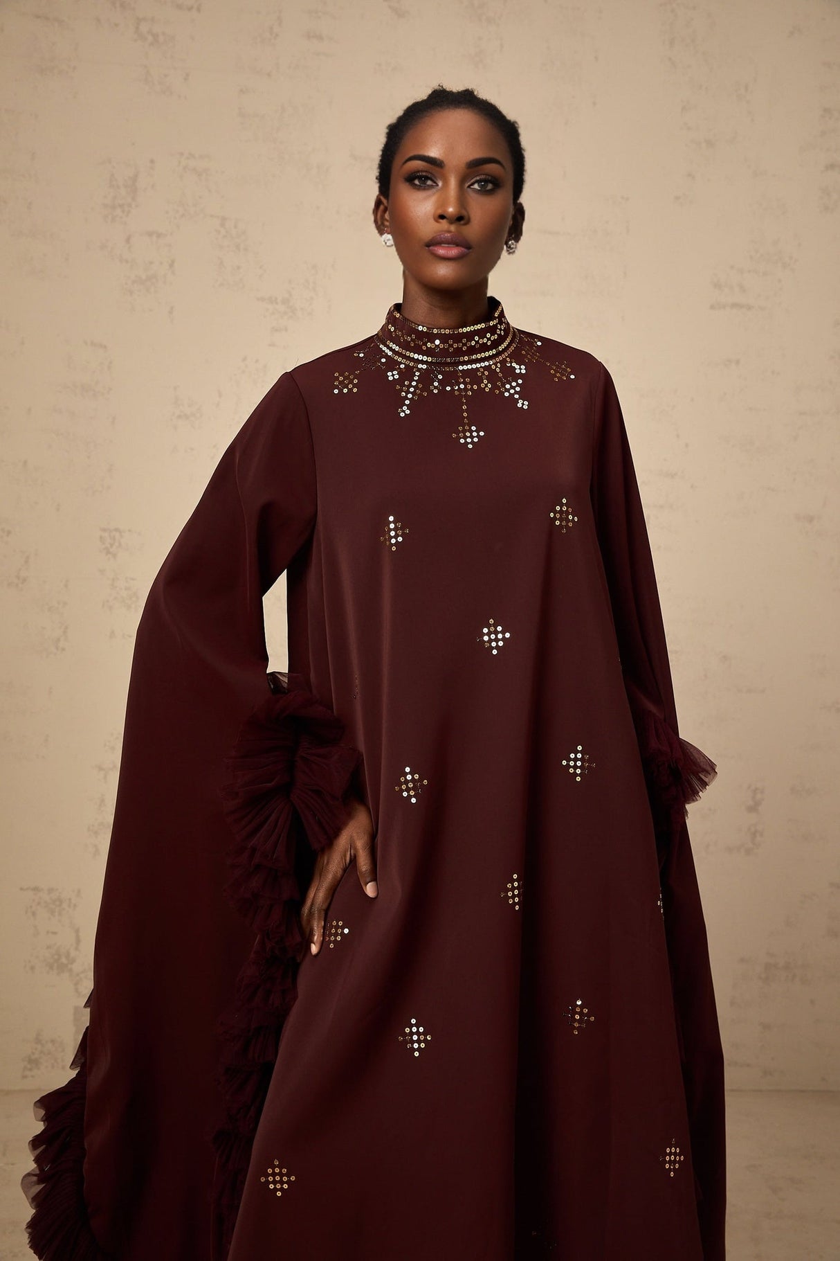 Clarissa Midi Dress - Mock Neck - Flared Sleeves - Ruffled Detailing - Sequin Embellishment - Tulle Panelled