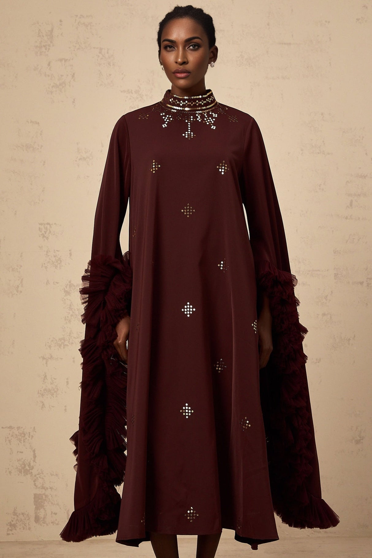 Clarissa Midi Dress - Mock Neck - Flared Sleeves - Ruffled Detailing - Sequin Embellishment - Tulle Panelled