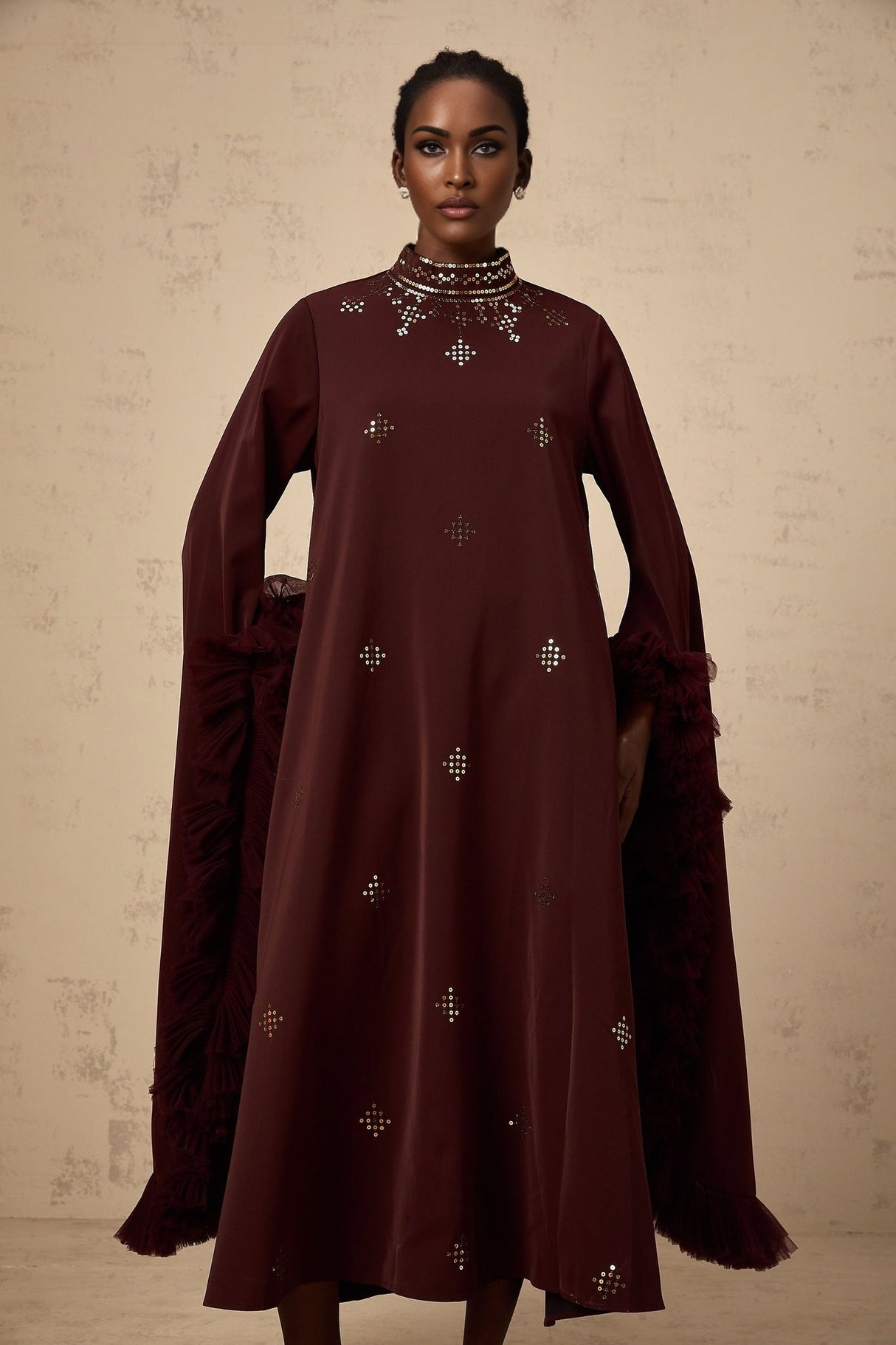 Clarissa Midi Dress - Mock Neck - Flared Sleeves - Ruffled Detailing - Sequin Embellishment - Tulle Panelled