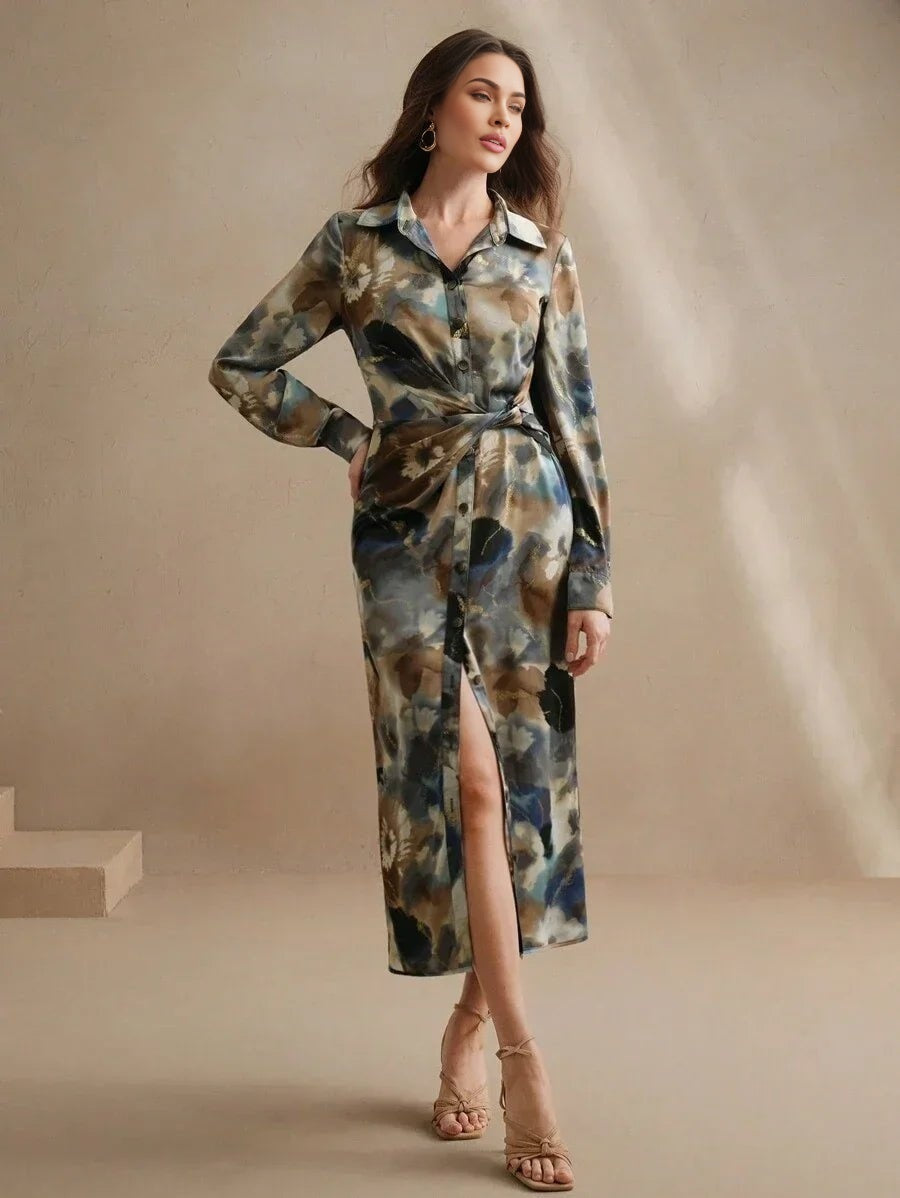 Clarissa Midi Dress - Neckline Collar - Formal & Evening - High Waist - Graphic Print - Elegant