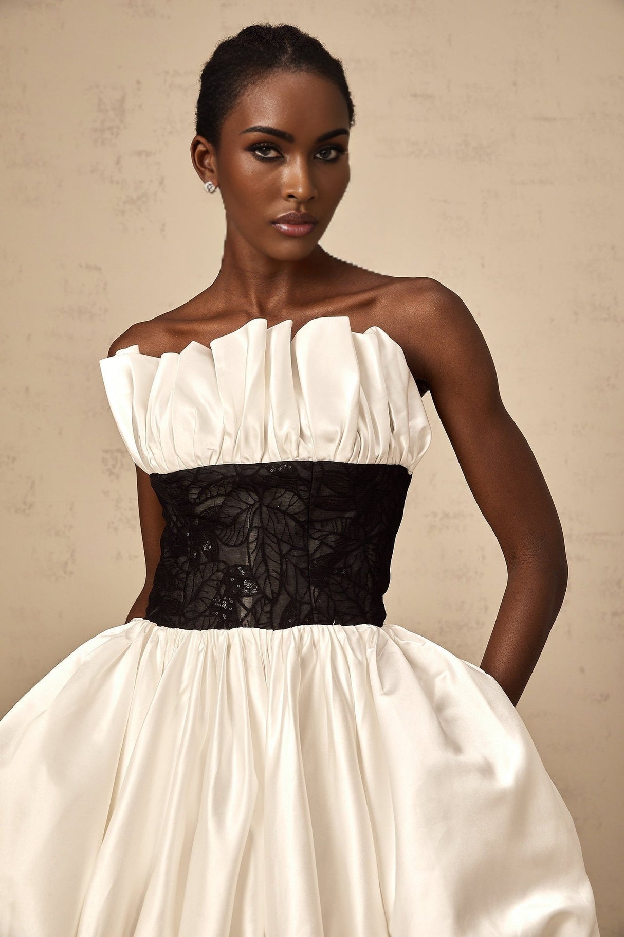 Clarissa Mini Dress - Off - the - Shoulder Style - Satin Finish - Lace Paneling - Ruffled Detailing