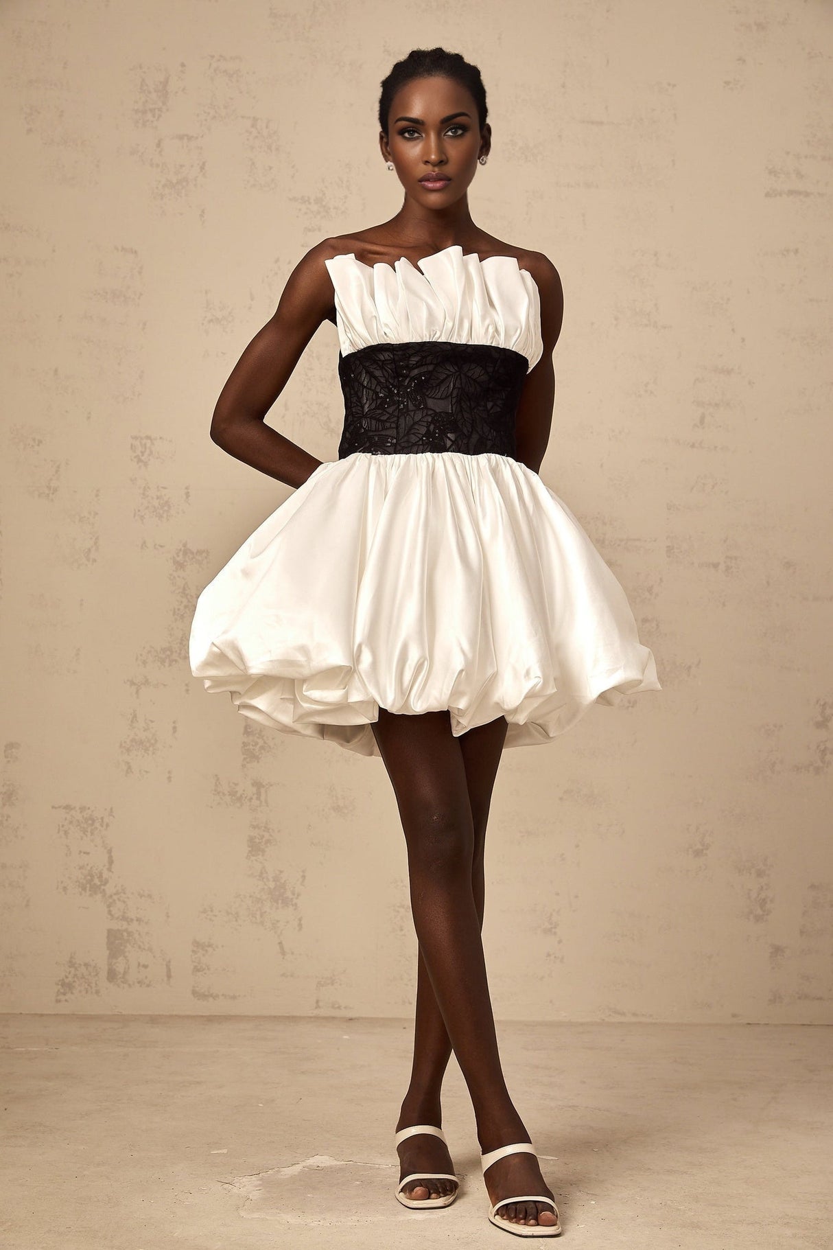 Clarissa Mini Dress - Off - the - Shoulder Style - Satin Finish - Lace Paneling - Ruffled Detailing