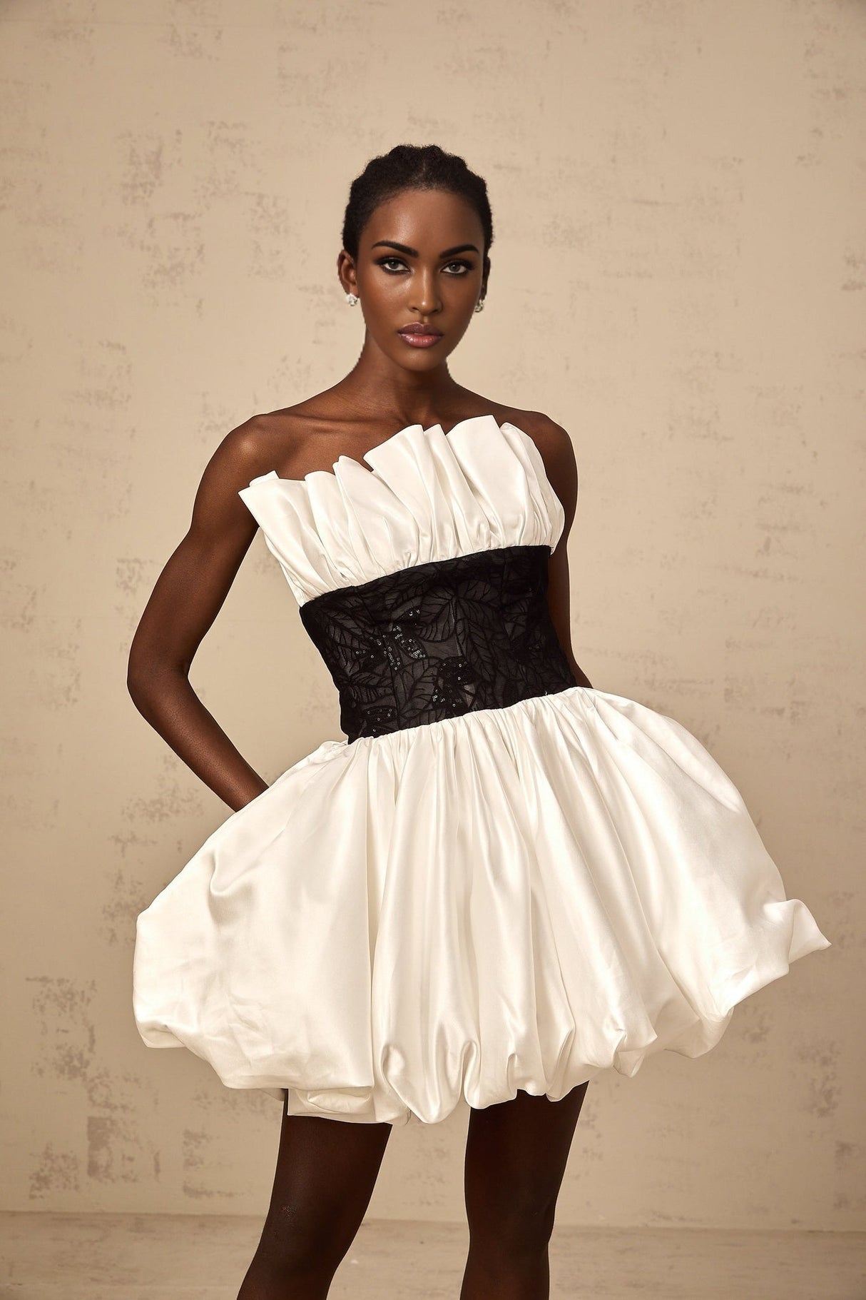 Clarissa Mini Dress - Off - the - Shoulder Style - Satin Finish - Lace Paneling - Ruffled Detailing