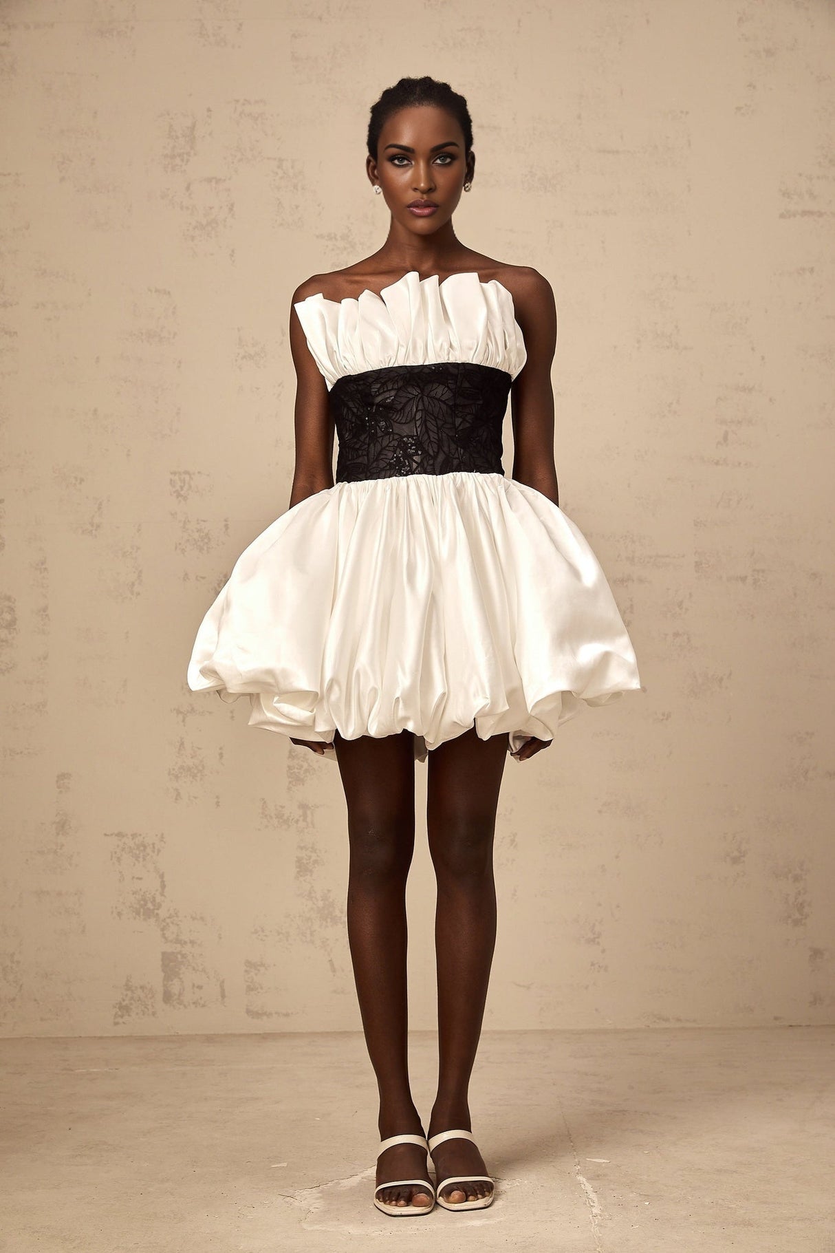Clarissa Mini Dress - Off - the - Shoulder Style - Satin Finish - Lace Paneling - Ruffled Detailing