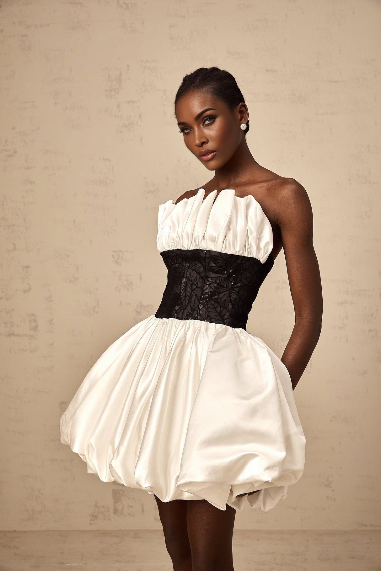 Clarissa Mini Dress - Off - the - Shoulder Style - Satin Finish - Lace Paneling - Ruffled Detailing