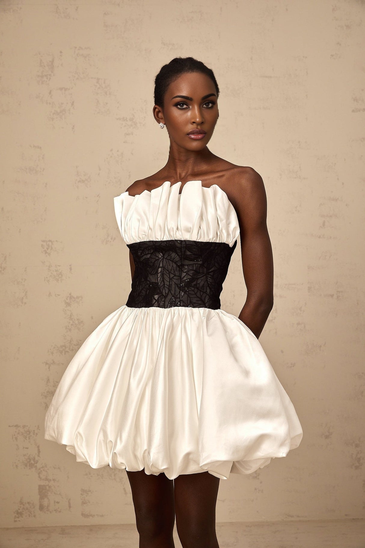 Clarissa Mini Dress - Off - the - Shoulder Style - Satin Finish - Lace Paneling - Ruffled Detailing
