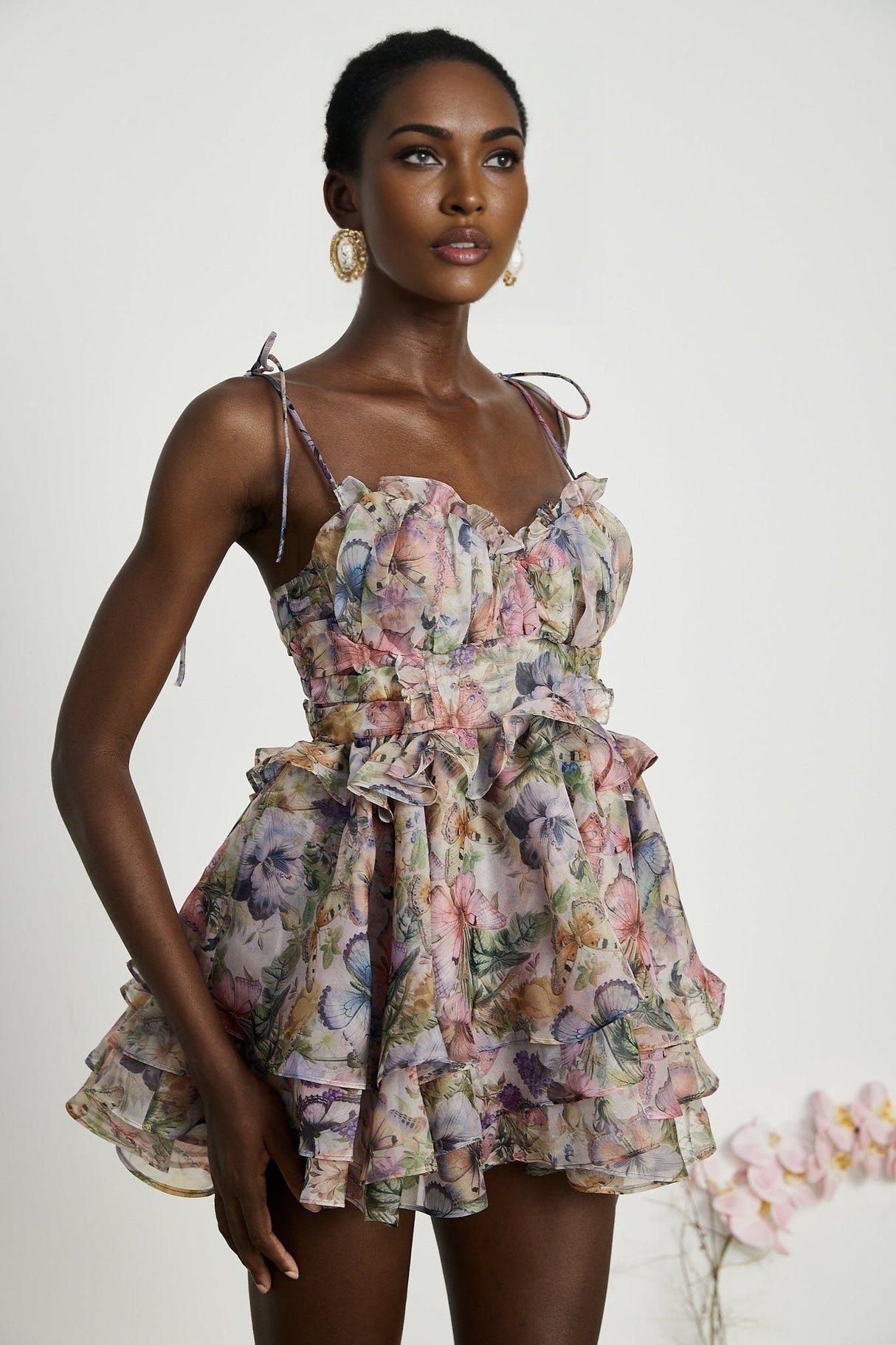 Clarissa Mini Dress - Sleeveless - Floral Print - Bustier Style - High Waist - Tiered Design