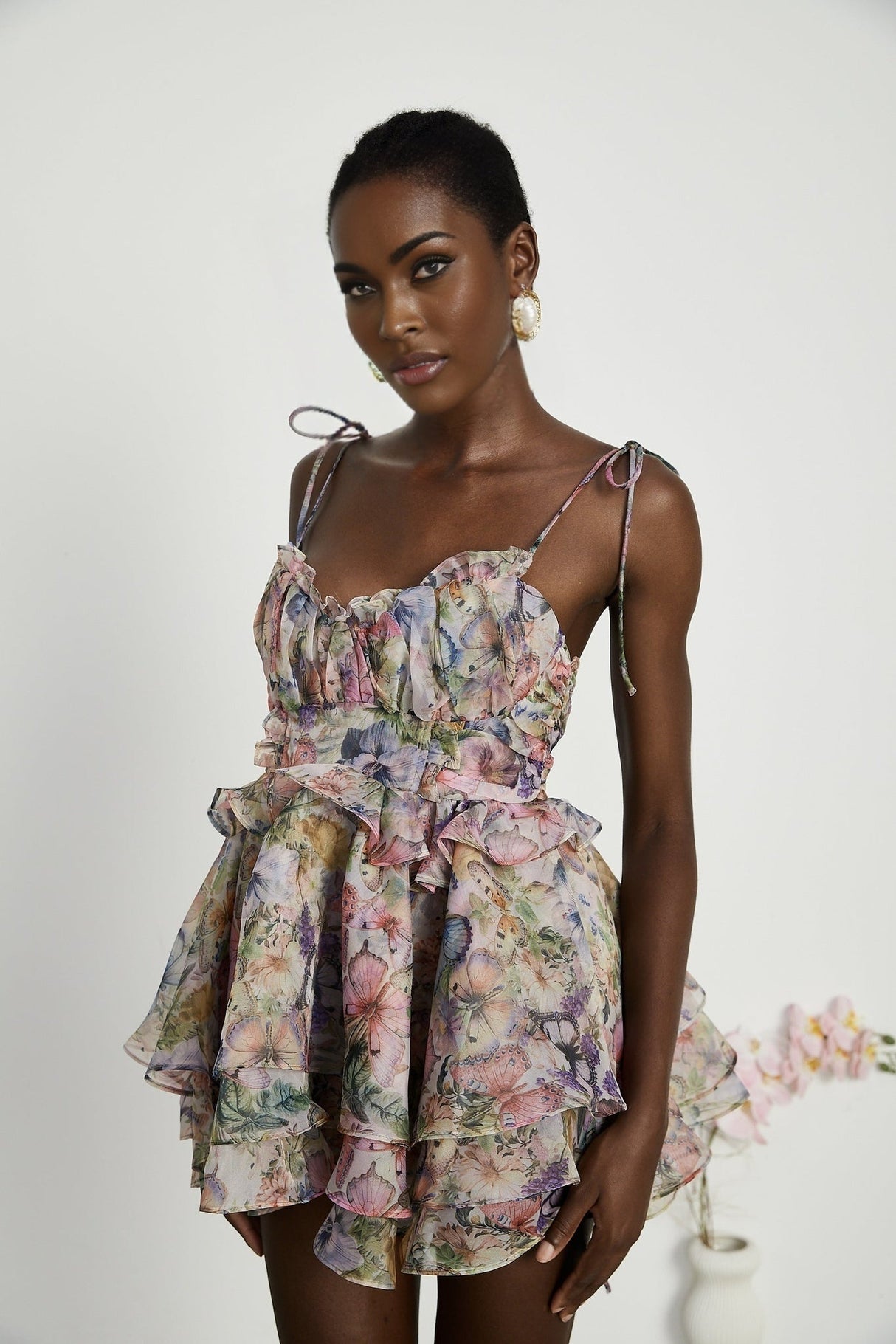 Clarissa Mini Dress - Sleeveless - Floral Print - Bustier Style - High Waist - Tiered Design