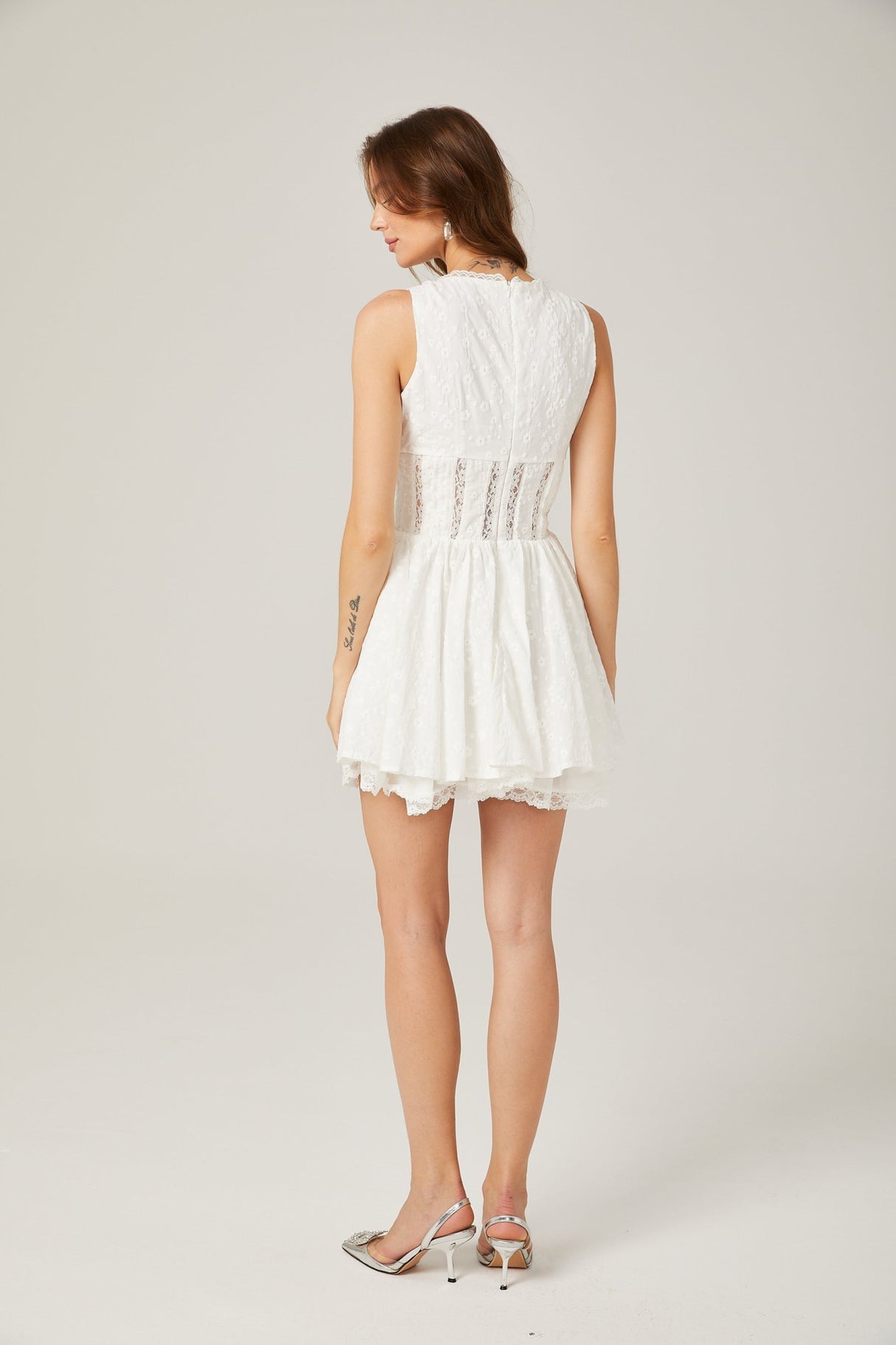 Clarissa Mini Dress - Sleeveless V Neck - Floral Embroidered Lace - Scalloped Trims - Front Hook and Eye - Rear Zip Fastening