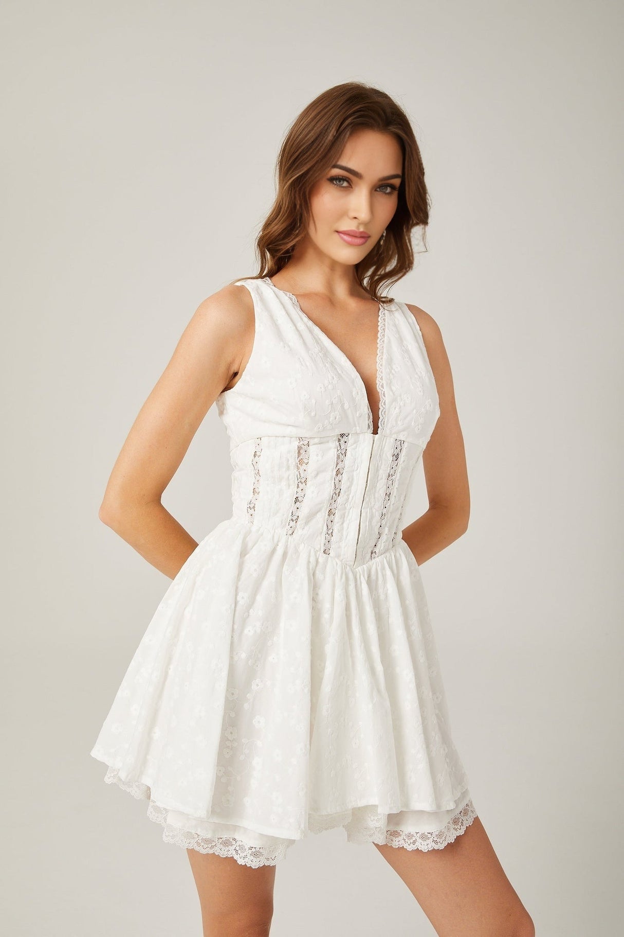 Clarissa Mini Dress - Sleeveless V Neck - Floral Embroidered Lace - Scalloped Trims - Front Hook and Eye - Rear Zip Fastening