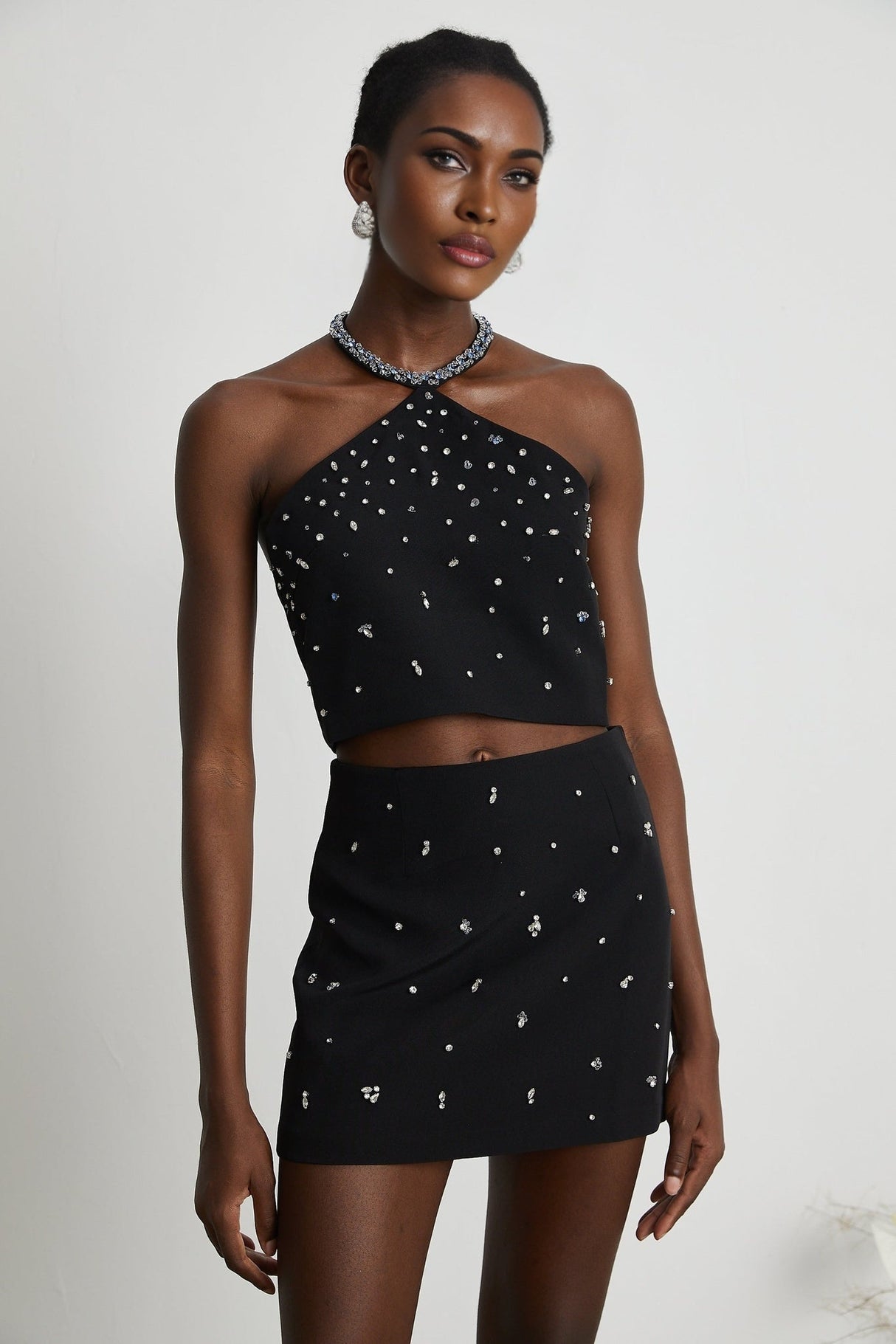 Clarissa Skirt & Top Set - Halterneck Top - Crystal Embellishment - Rear Zip Fastening - Cropped Design