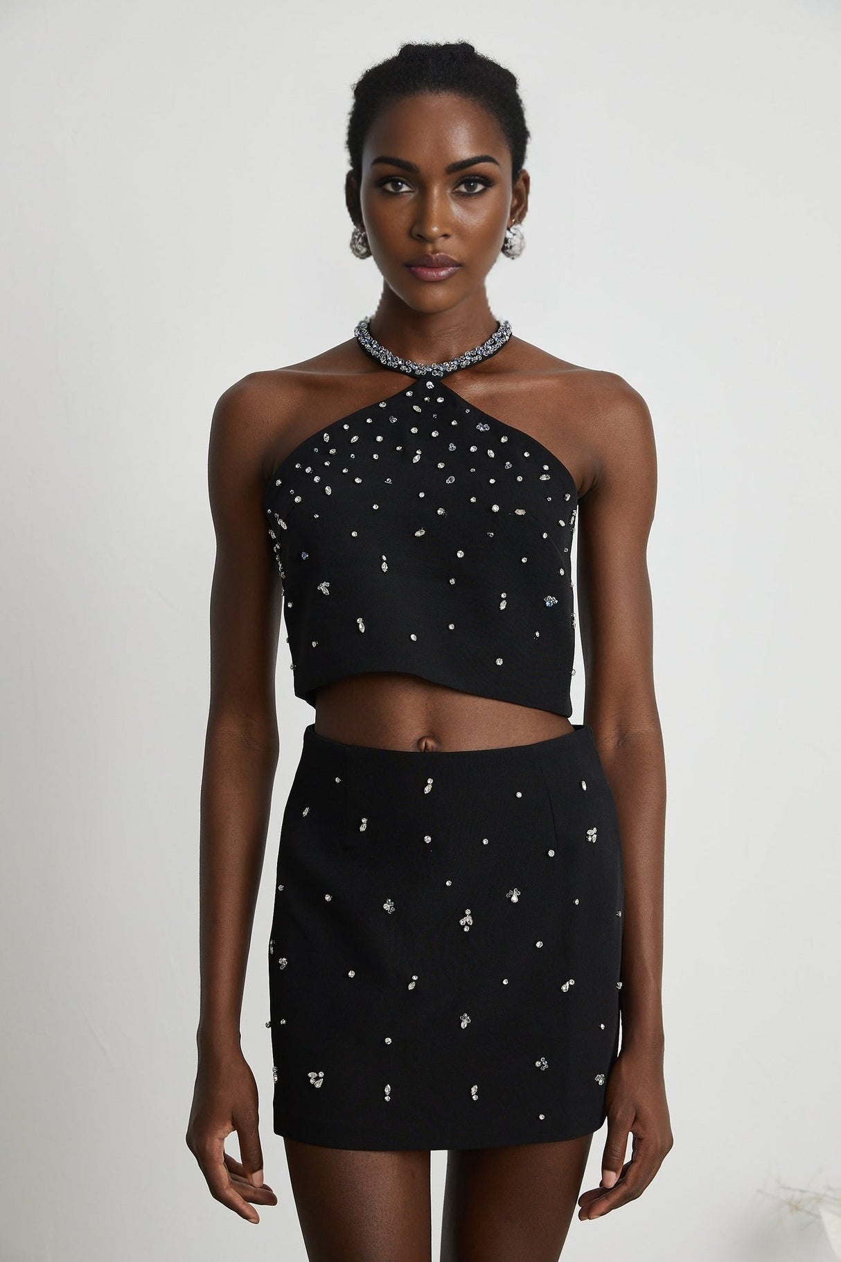 Clarissa Skirt & Top Set - Halterneck Top - Crystal Embellishment - Rear Zip Fastening - Cropped Design
