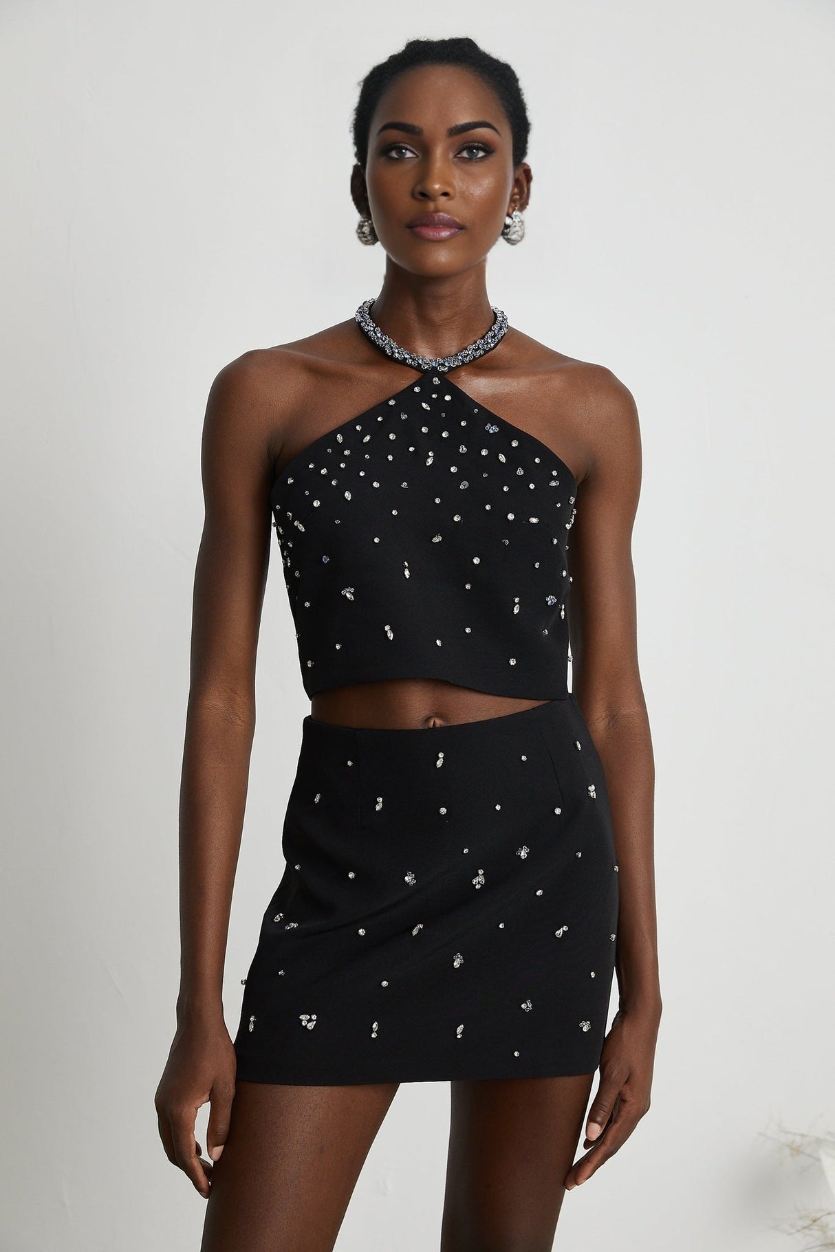 Clarissa Skirt & Top Set - Halterneck Top - Crystal Embellishment - Rear Zip Fastening - Cropped Design