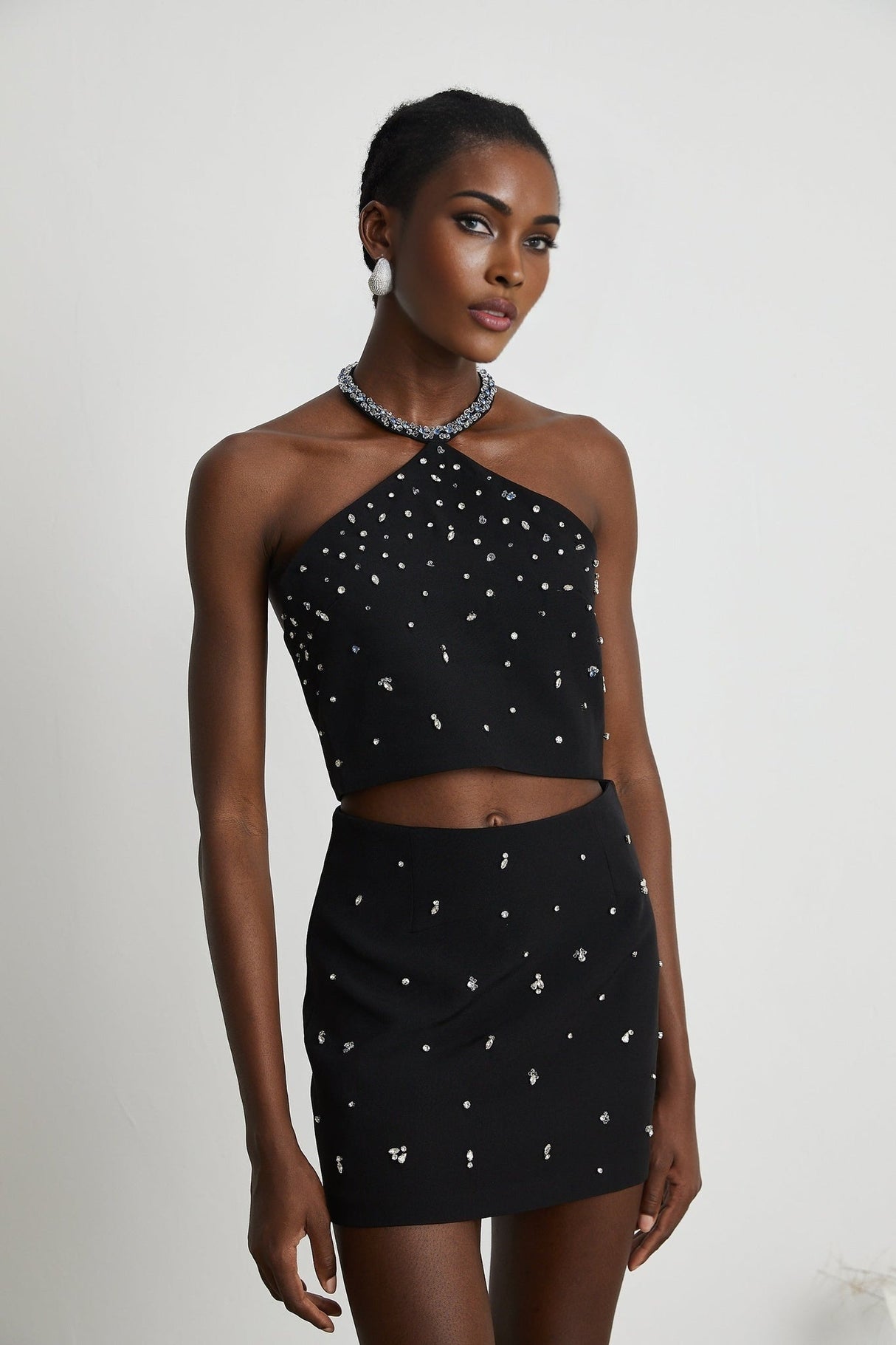 Clarissa Skirt & Top Set - Halterneck Top - Crystal Embellishment - Rear Zip Fastening - Cropped Design