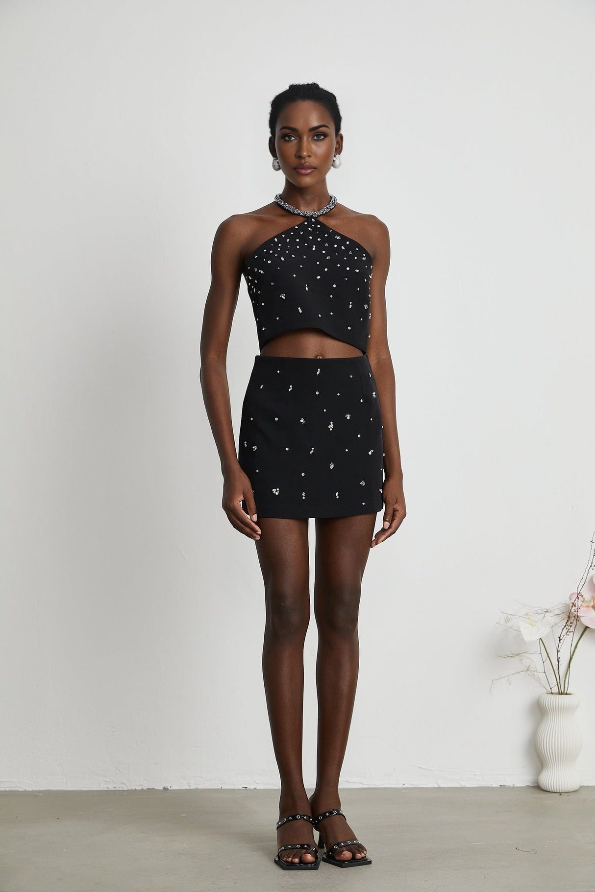 Clarissa Skirt & Top Set - Halterneck Top - Crystal Embellishment - Rear Zip Fastening - Cropped Design