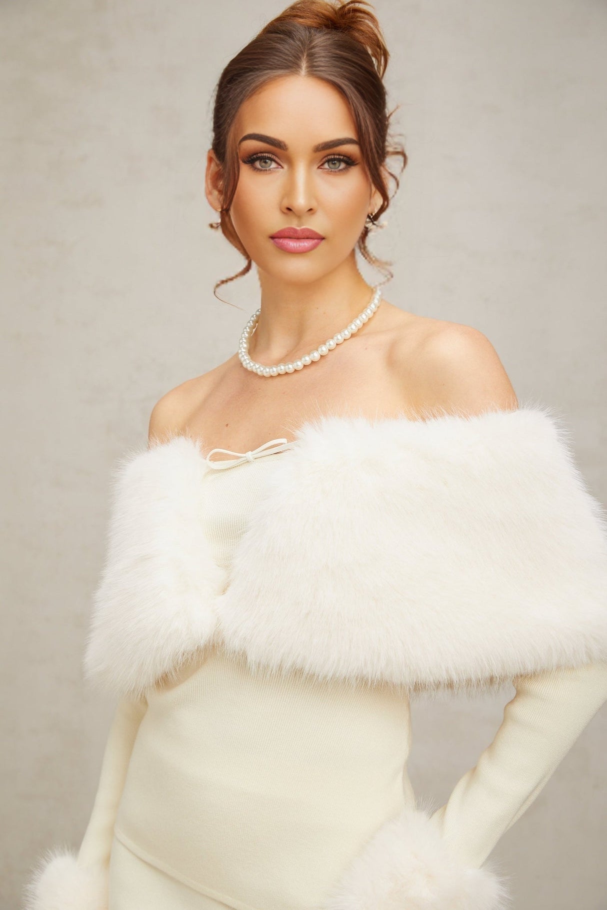 Clarissa Skirt & Top Set - Off - the - Shoulder Long Sleeve Top - Faux - fur Paneling - Bow Embellishment - High Rise Skirt