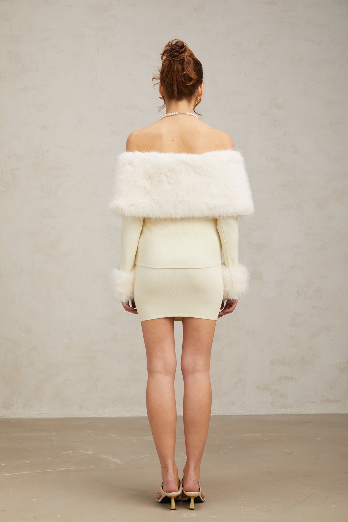 Clarissa Skirt & Top Set - Off - the - Shoulder Long Sleeve Top - Faux - fur Paneling - Bow Embellishment - High Rise Skirt