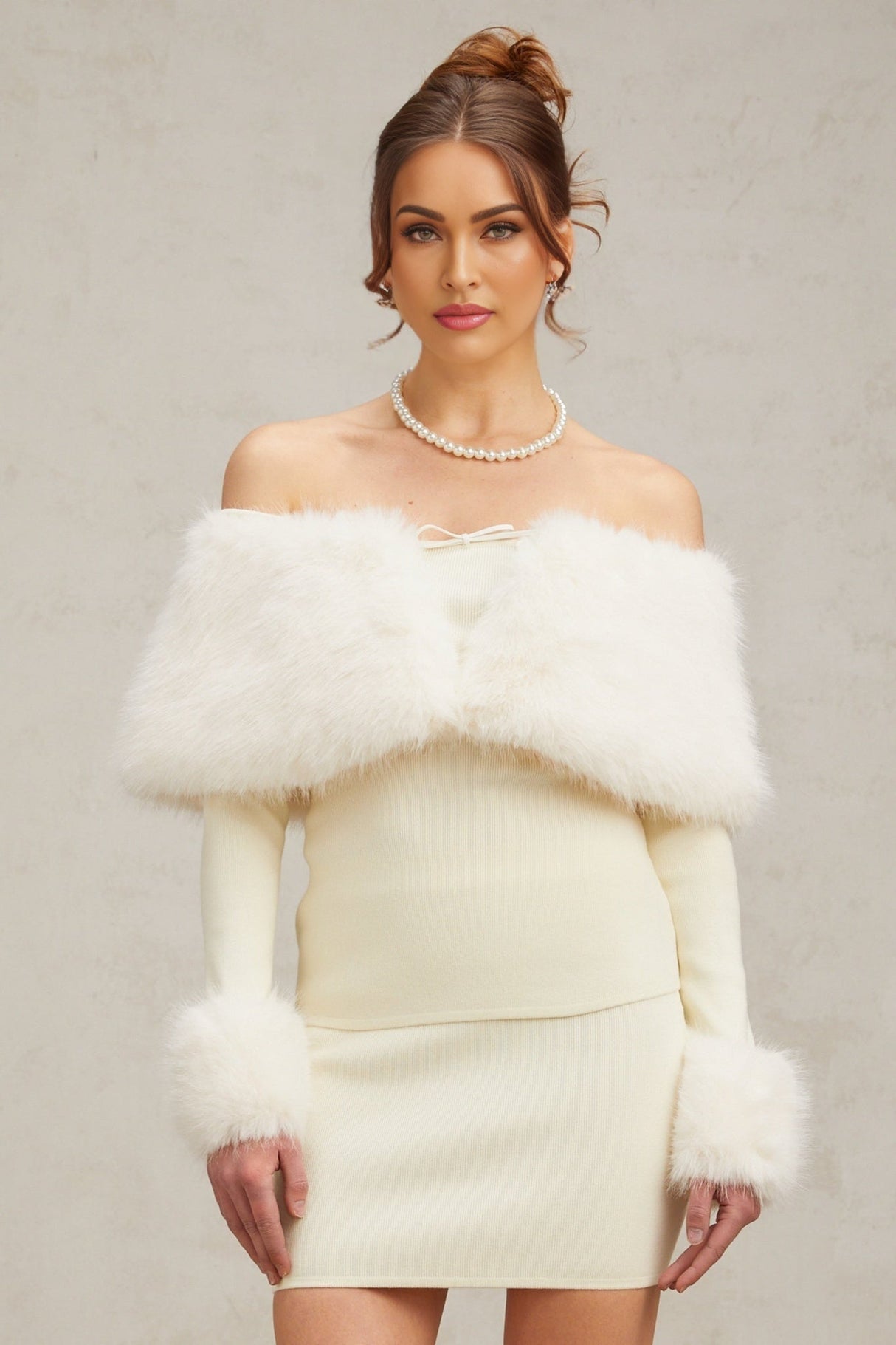 Clarissa Skirt & Top Set - Off - the - Shoulder Long Sleeve Top - Faux - fur Paneling - Bow Embellishment - High Rise Skirt