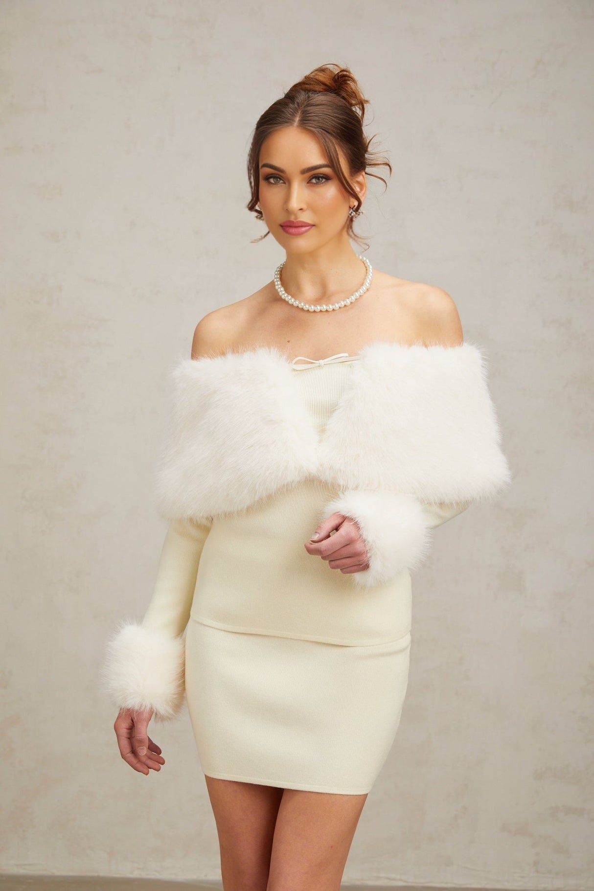 Clarissa Skirt & Top Set - Off - the - Shoulder Long Sleeve Top - Faux - fur Paneling - Bow Embellishment - High Rise Skirt