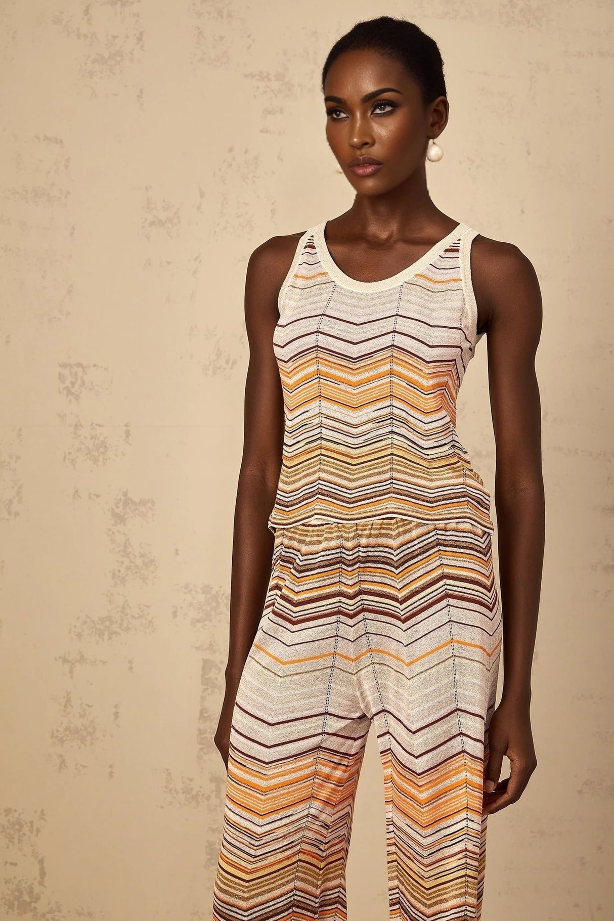 Clarissa Top & Trousers Set with Chevron Pattern in Neutrals