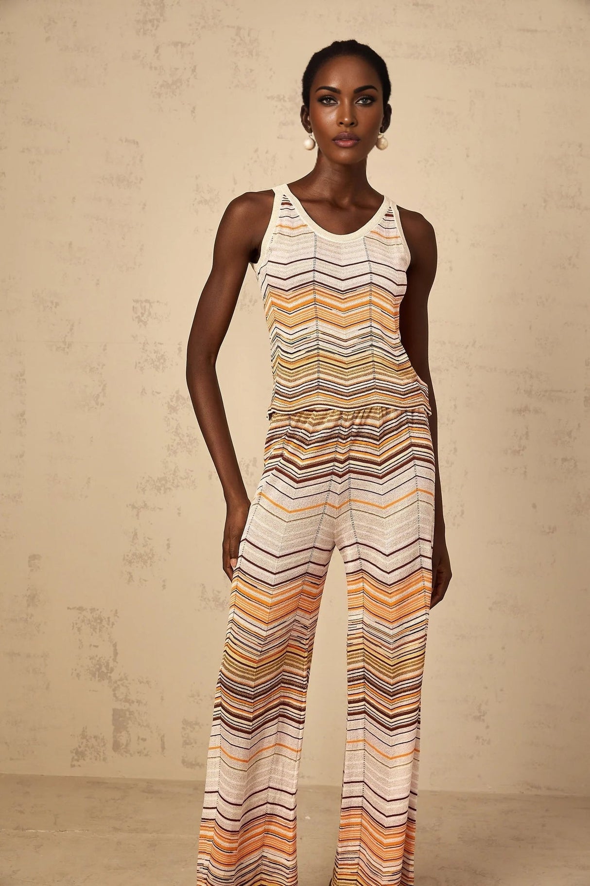 Clarissa Top & Trousers Set with Chevron Pattern in Neutrals