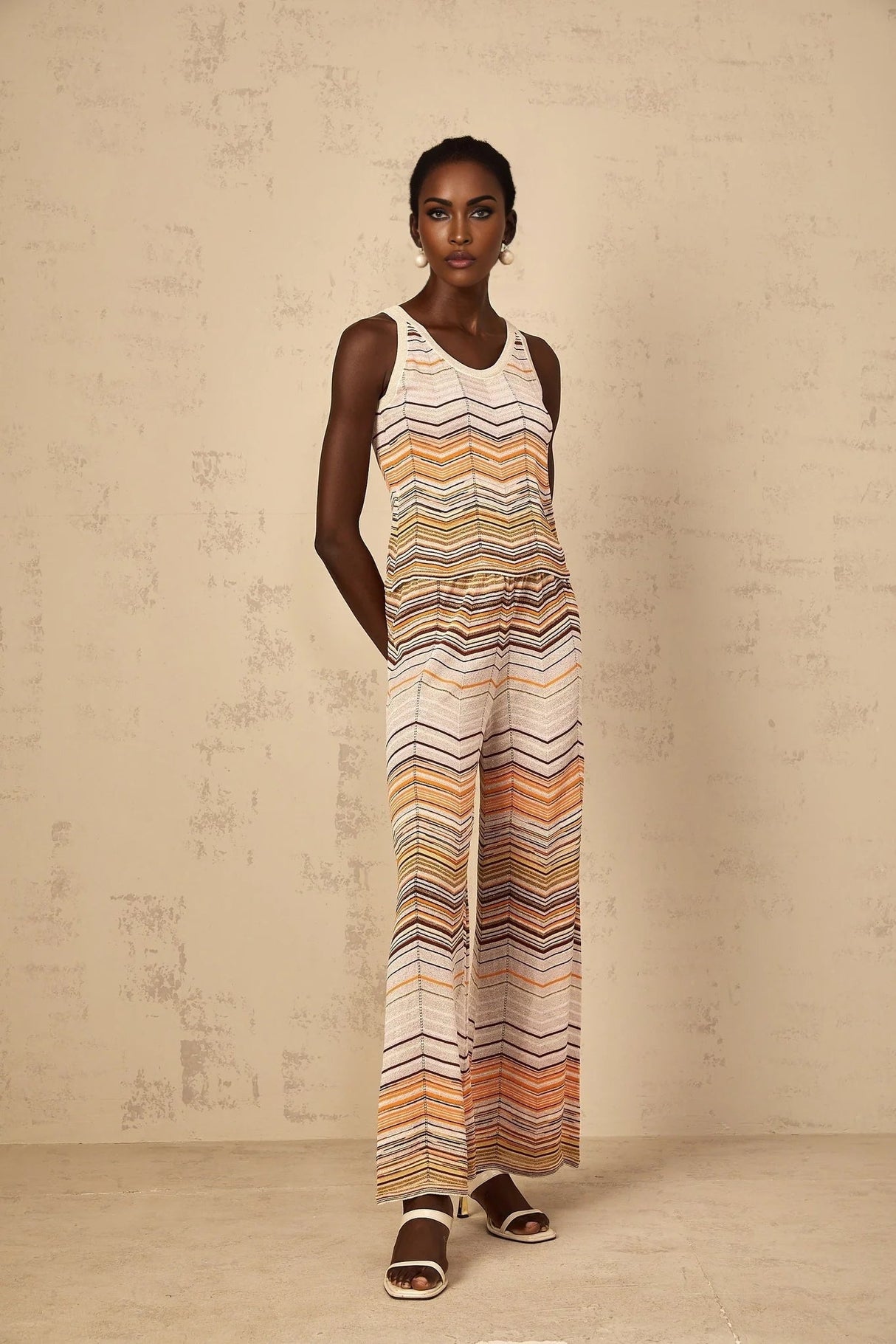 Clarissa Top & Trousers Set with Chevron Pattern in Neutrals