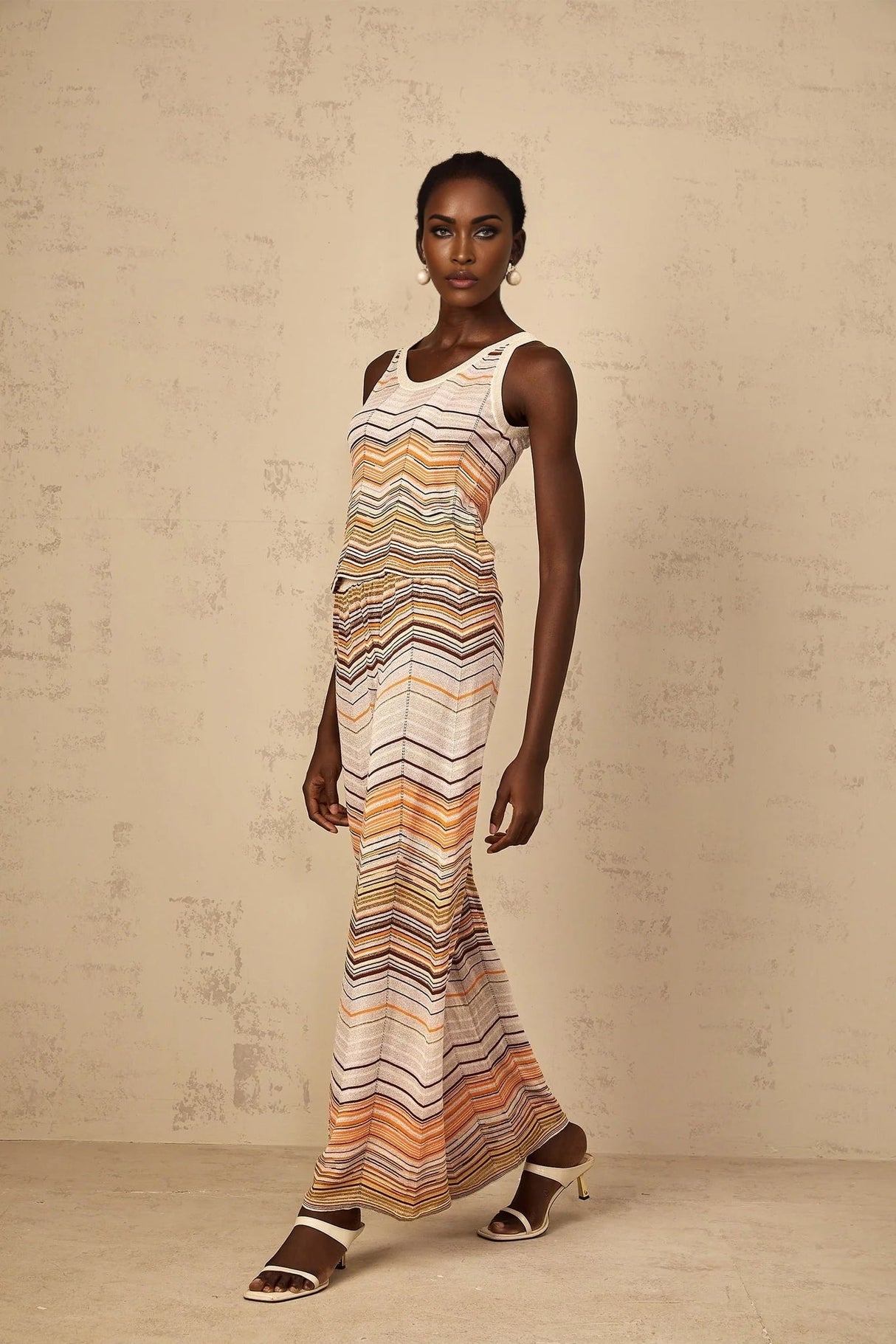 Clarissa Top & Trousers Set with Chevron Pattern in Neutrals