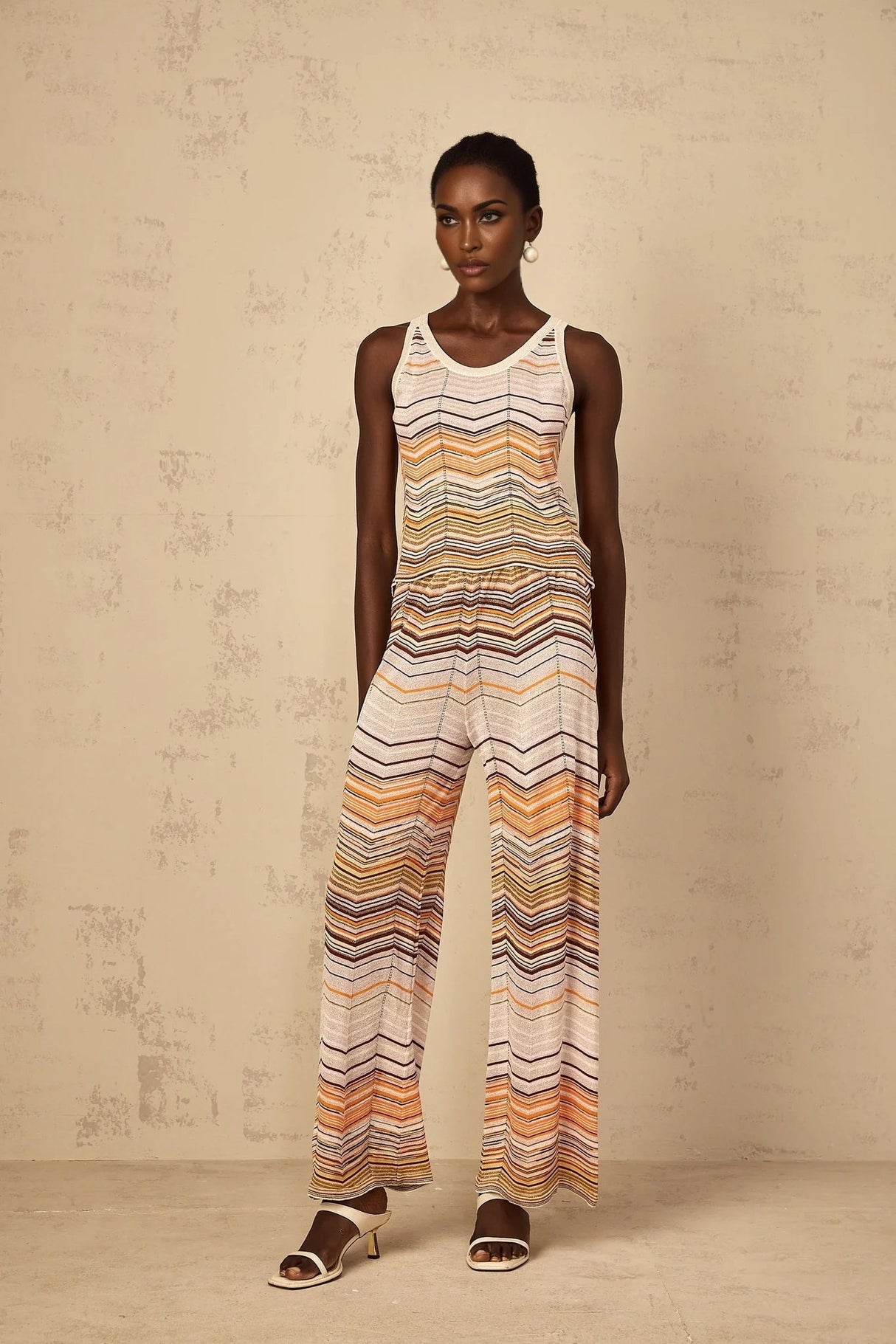 Clarissa Top & Trousers Set with Chevron Pattern in Neutrals