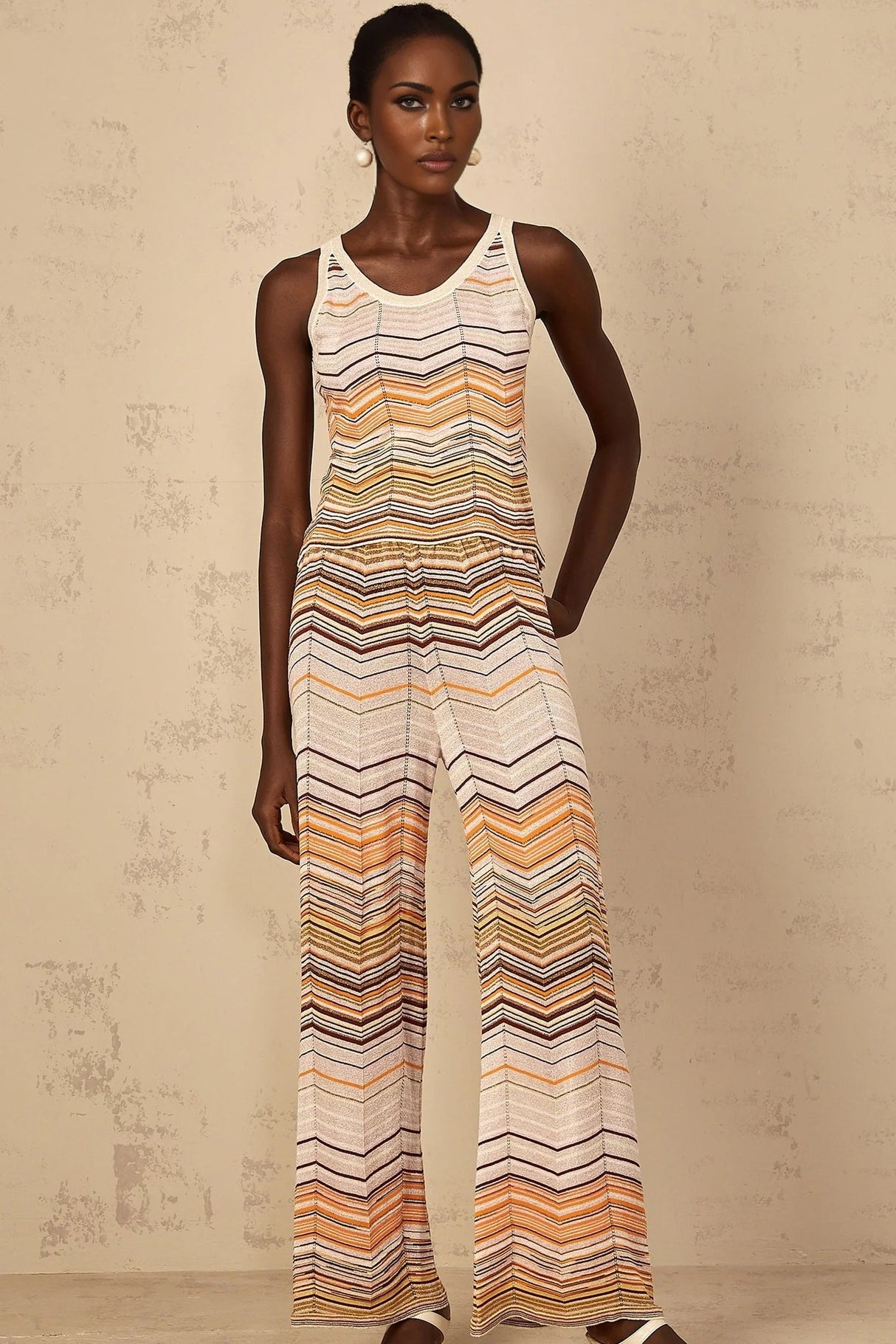 Clarissa Top & Trousers Set with Chevron Pattern in Neutrals