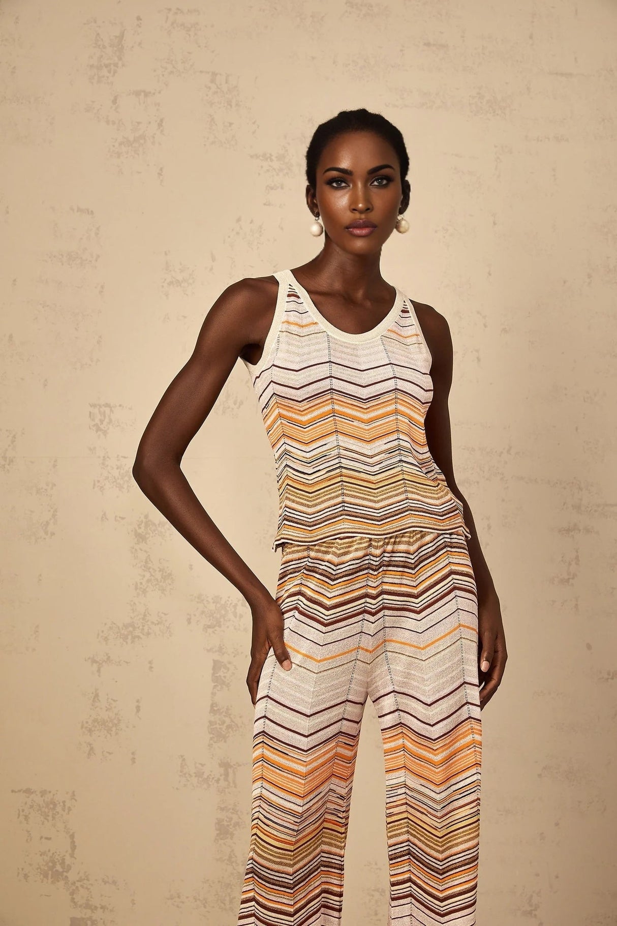 Clarissa Top & Trousers Set with Chevron Pattern in Neutrals