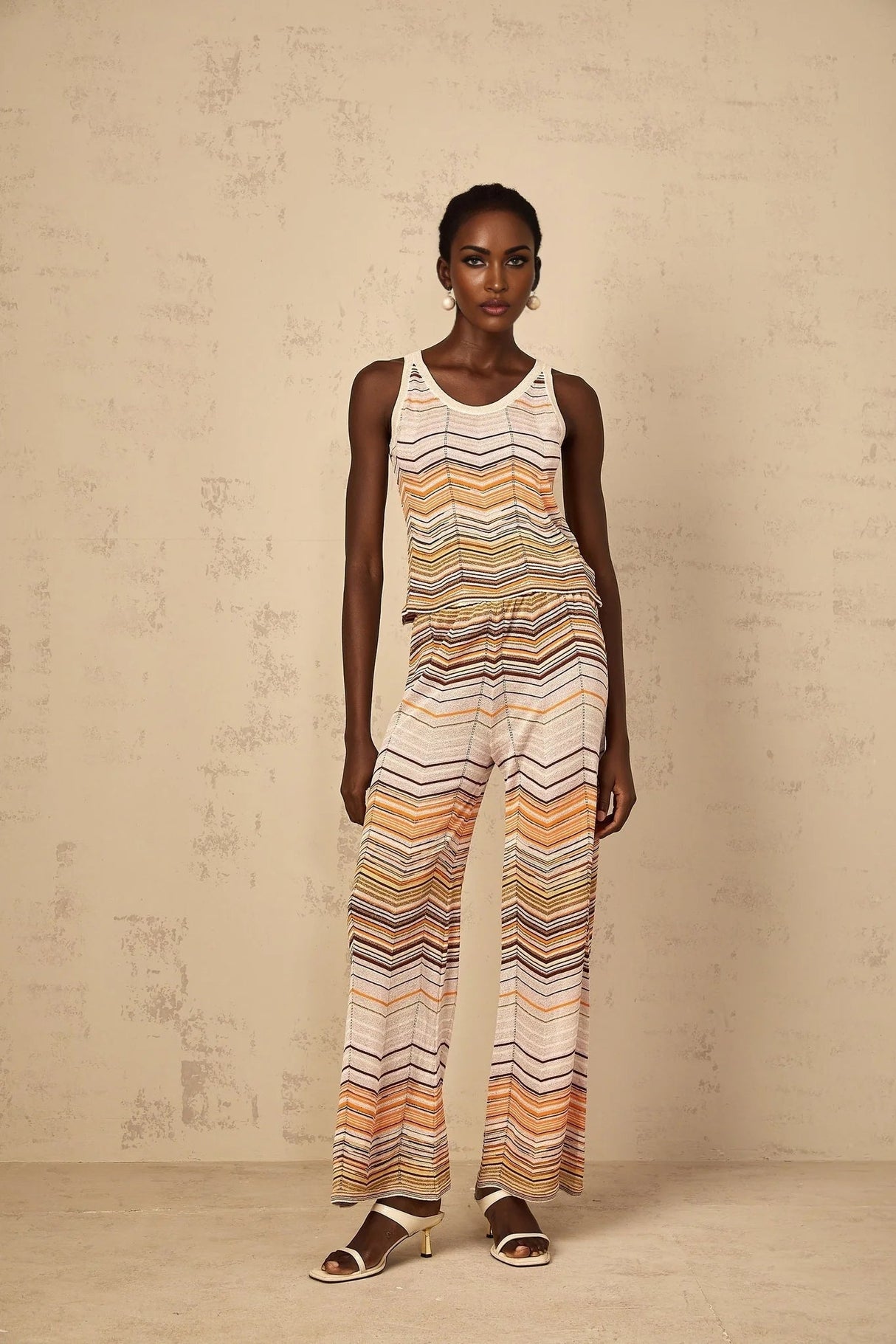 Clarissa Top & Trousers Set with Chevron Pattern in Neutrals