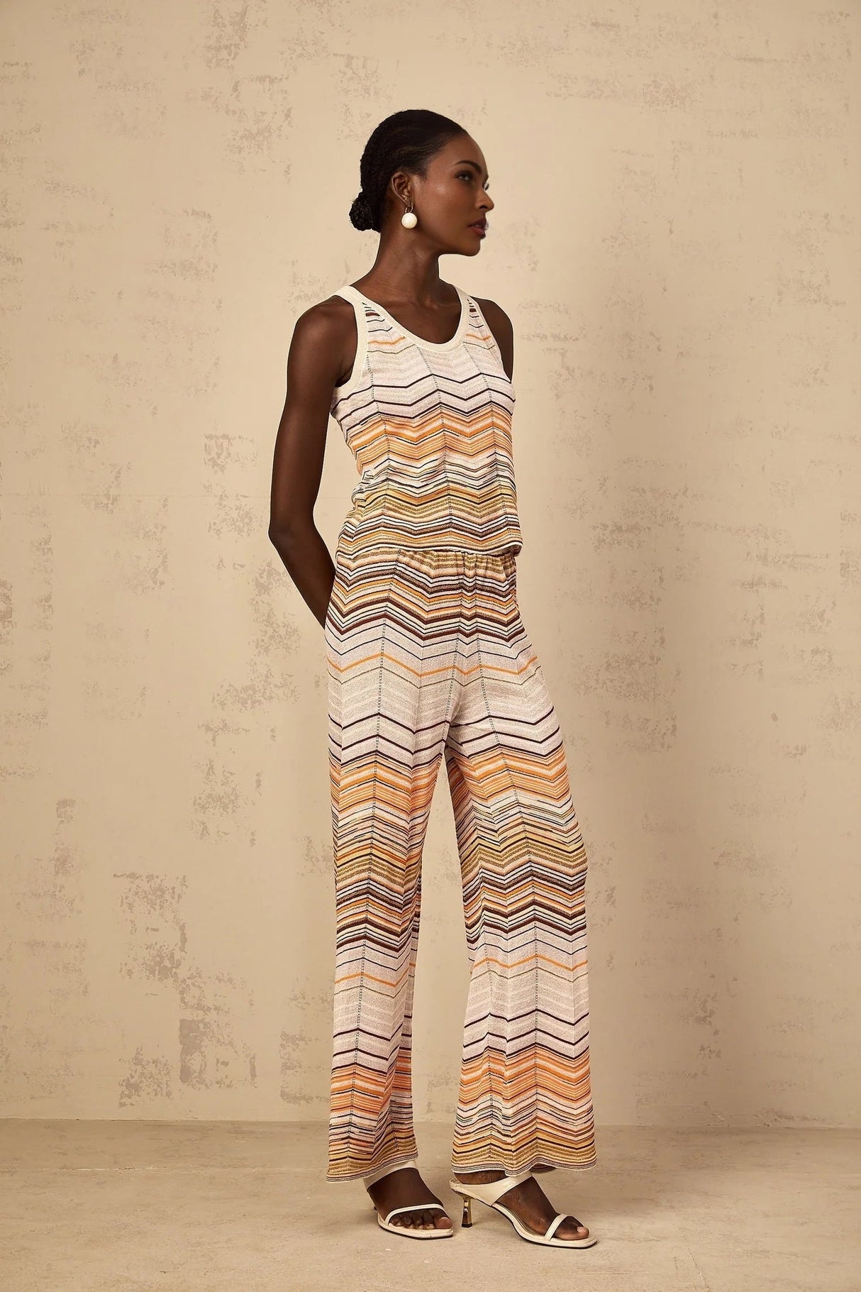 Clarissa Top & Trousers Set with Chevron Pattern in Neutrals