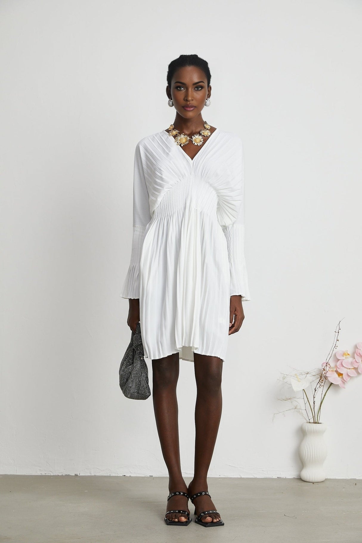 Claudette Pleated Mini Dress - V - Neckline - Flared Sleeves - Laced Waist - Lightweight