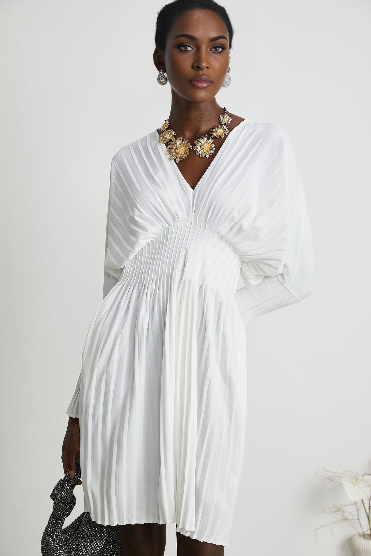 Claudette Pleated Mini Dress - V - Neckline - Flared Sleeves - Laced Waist - Lightweight